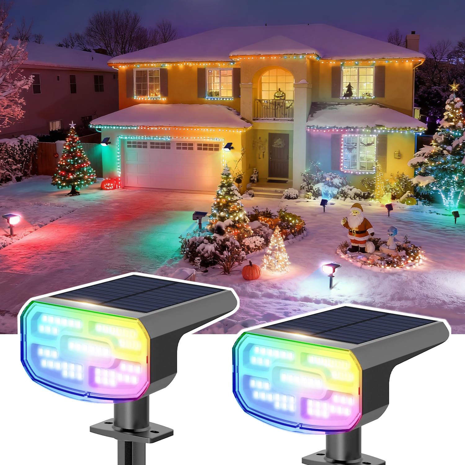 JEJOT Color Changing Solar Spot Lights Outdoor Waterproof IP65 9 Lighting Modes Multicolor RGB Christmas Spotlight for Porches Yard Gardens Landscape Deconrations-2 Pack