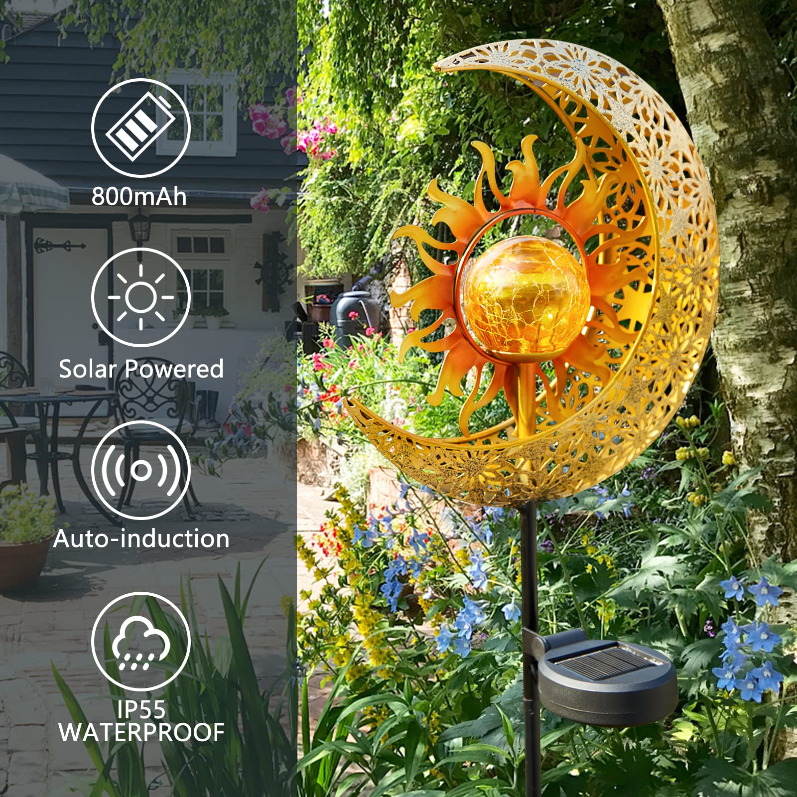 Licklip Solar Garden Lights, Sun & Moon Crackle Glass Globe, Waterproof Led Outdoor Decoration