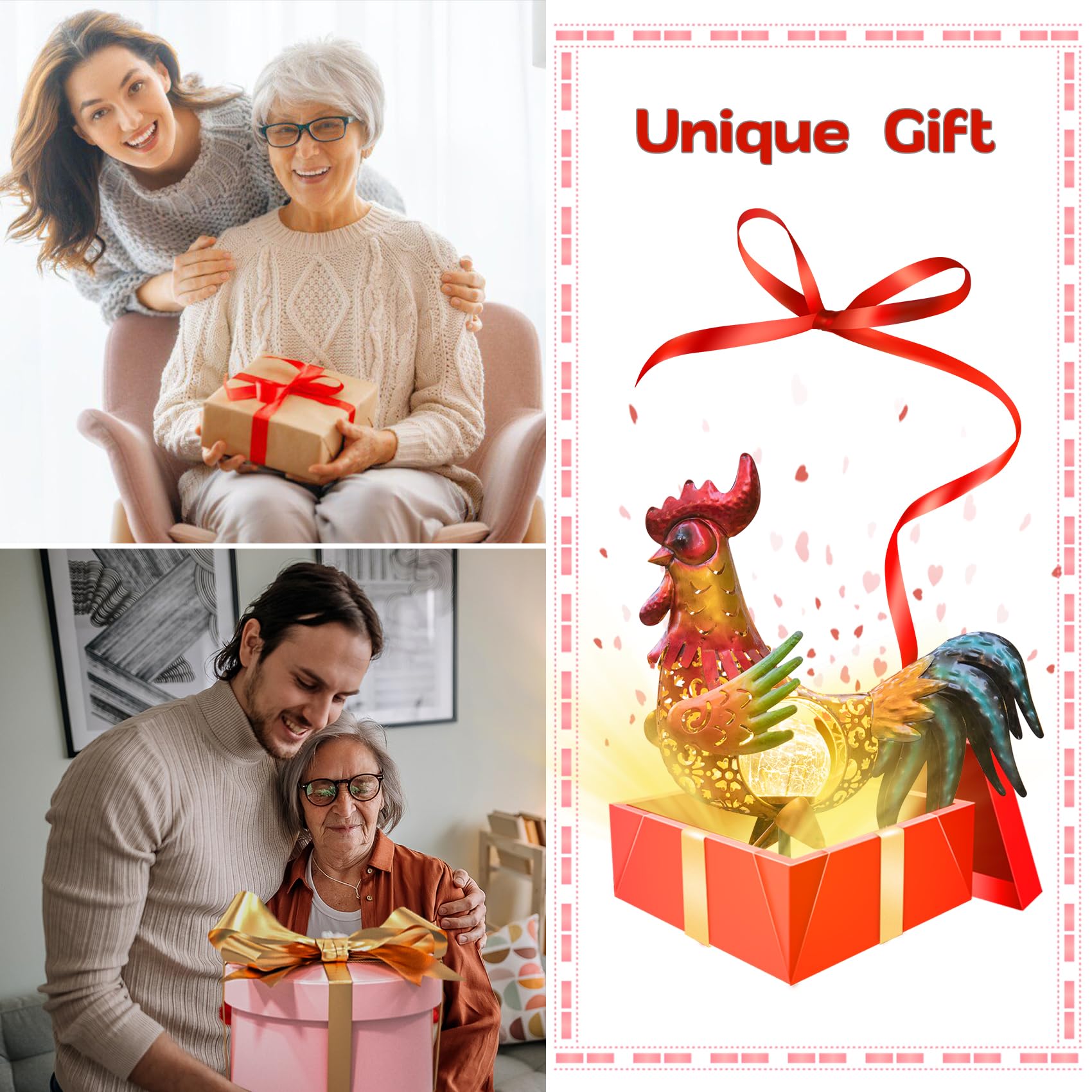 Tryme Chicken Decor Rooster Solar Lights Outdoor Decorative Garden Statue Gifts For Chicken Lovers Women Mother Metal Chicken Yard Art For Lawn