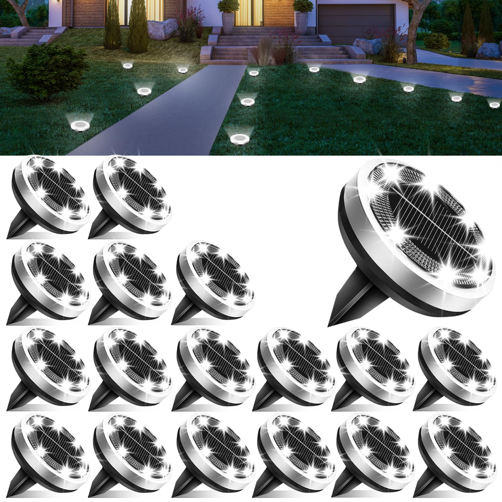 Solar Lights Outdoor Waterproof, 18 Pack 8 LED, Thickened Stainless Steel Ground Light, Solar Garden Lights Landscape Lighting f
