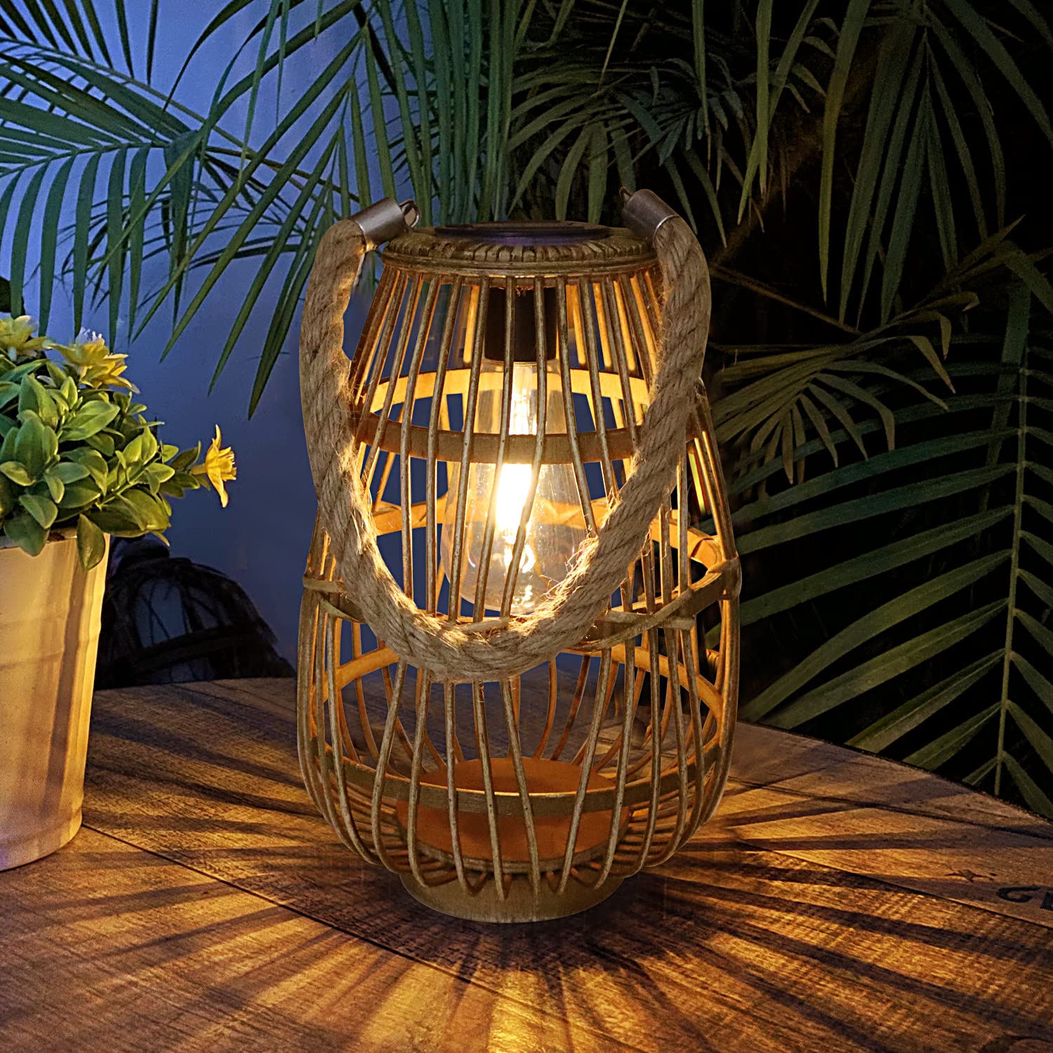 Natural Rattan Solar Lantern with Handle - Large Waterproof LED Decorative Garden Lights, Bright Rattan Solar Table Lamp for Yar