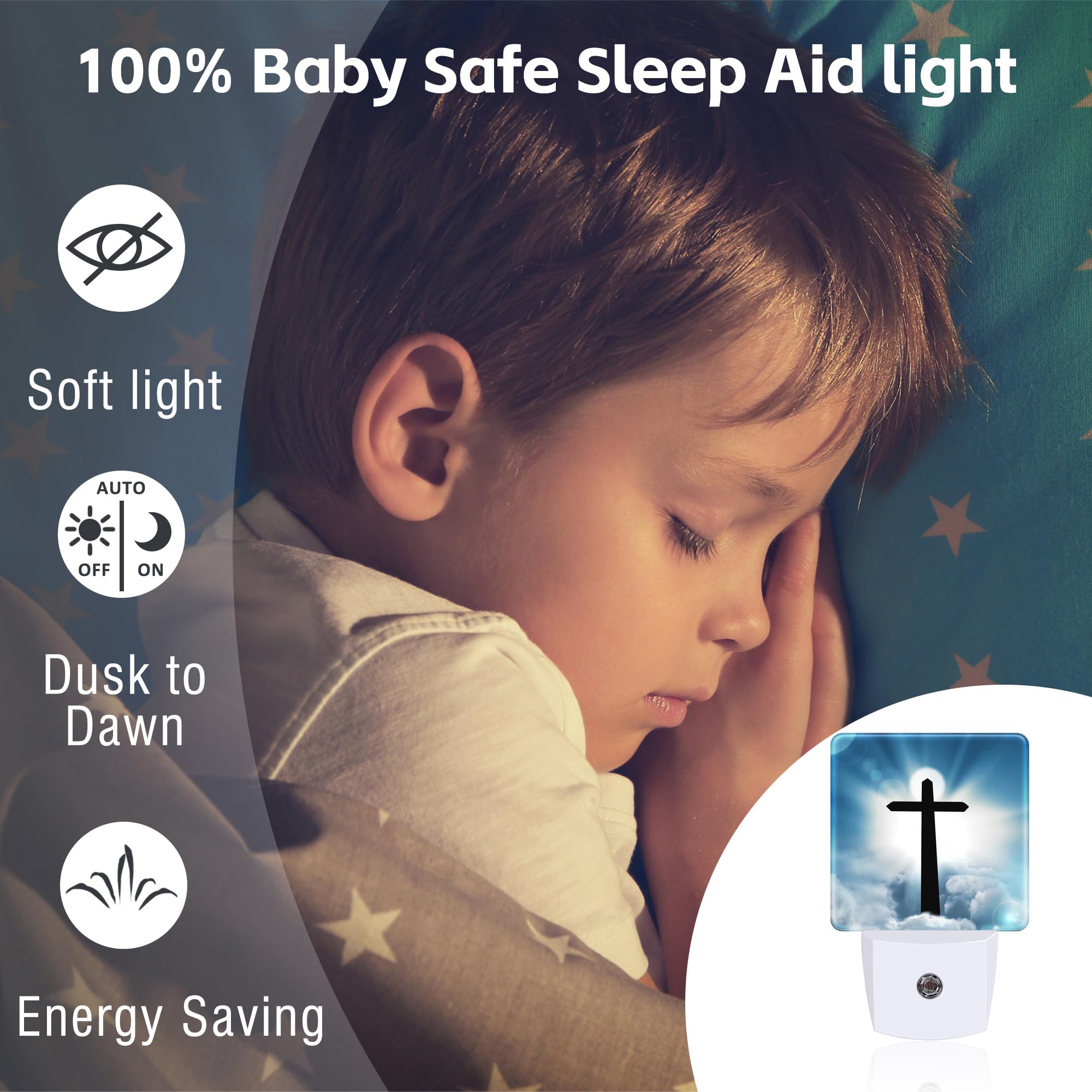 sndheke Night Light for Kids, Cross and Blue Sky Design, Plug-in with Dusk to Dawn Sensor, Model SBD04, Energy Saving