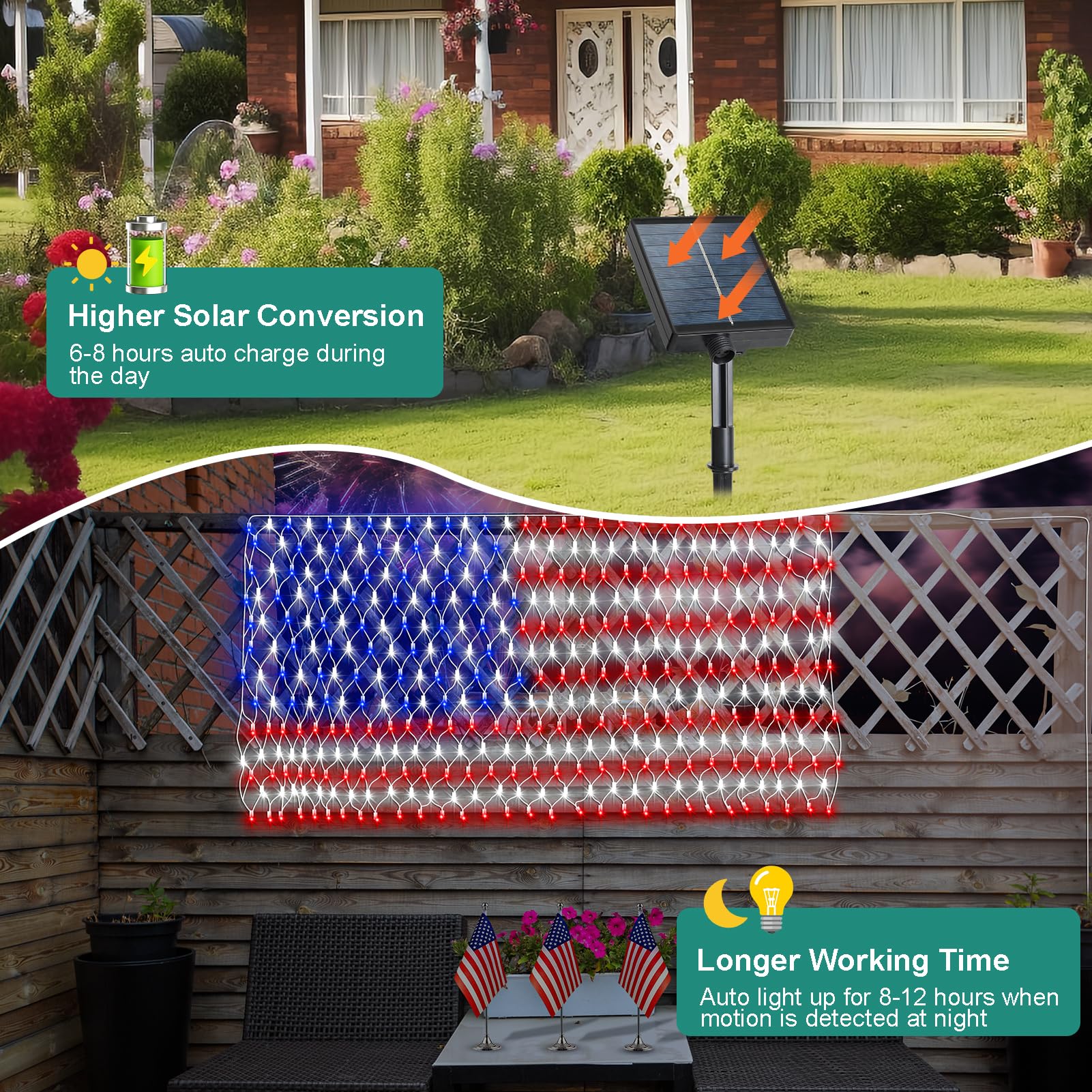 DBFAIRY Solar American Flag Lights, 420 LEDs, 6.5ft x 3.28ft, Super Bright Memorial Day Decorations