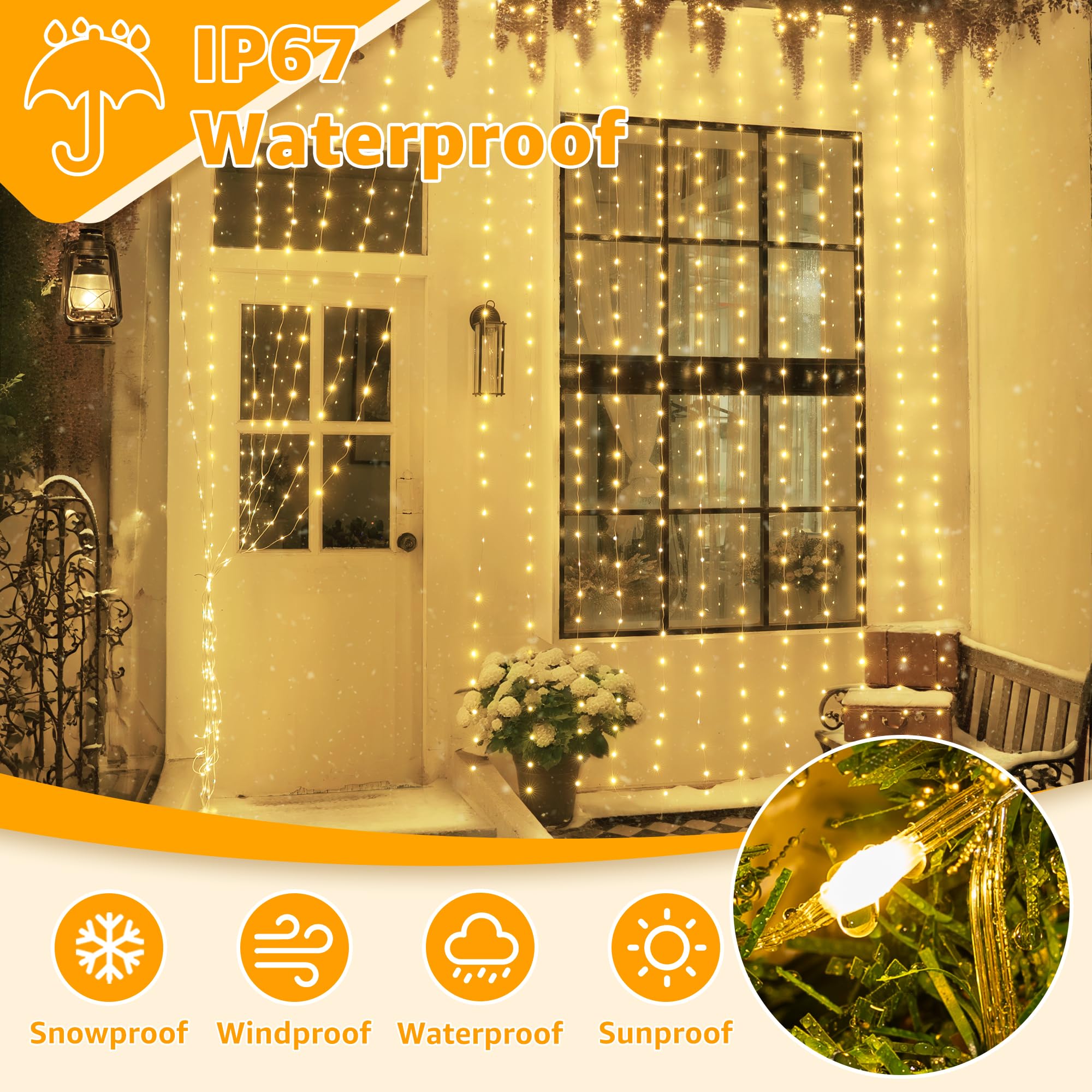 Ollny 600LED Curtain Lights, IP67 Waterproof, 19.7ft x 9.8ft, Warm White, Remote Control, 8 Modes, Model NYB0600F