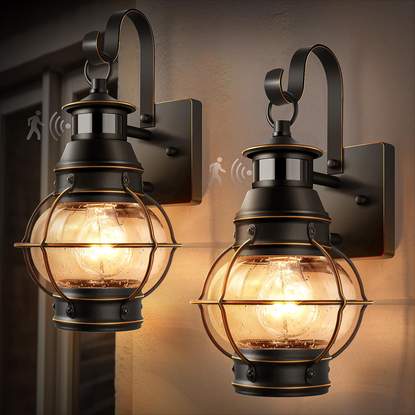 Lamomo Outdoor Wall Sconce,2 Pack Black Dusk to Dawn Motion Sensor Light Fixtures, Exterior Metal Waterproof Porch Lights for Ho