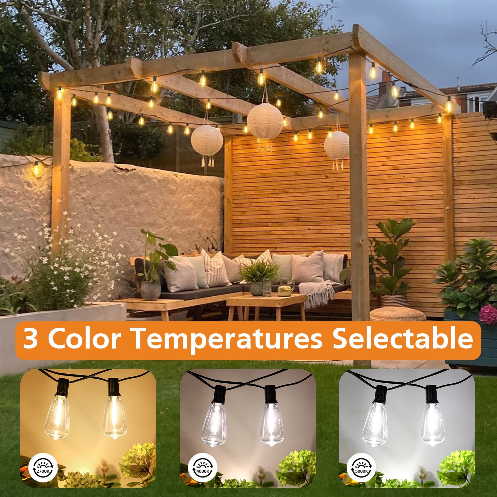 Brightever Dimmable Outdoor String Lights With Remote, 3 Colors In 1 Led Patio Lights For Outside With 25+1 St38 Edison Bulbs, 5