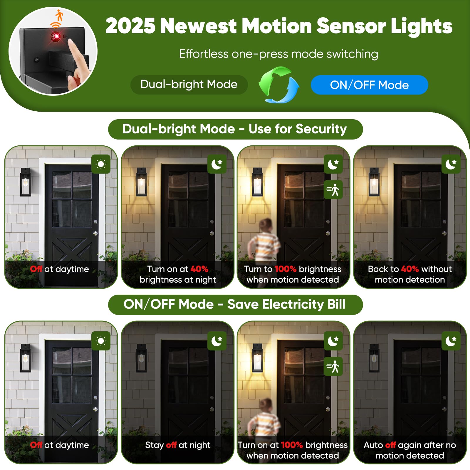 BesLowe Motion Sensor Outdoor Wall Lights, 15" Black Metal Sconce Lanterns, 3 Lighting Modes, Dusk to Dawn, 2-Pack