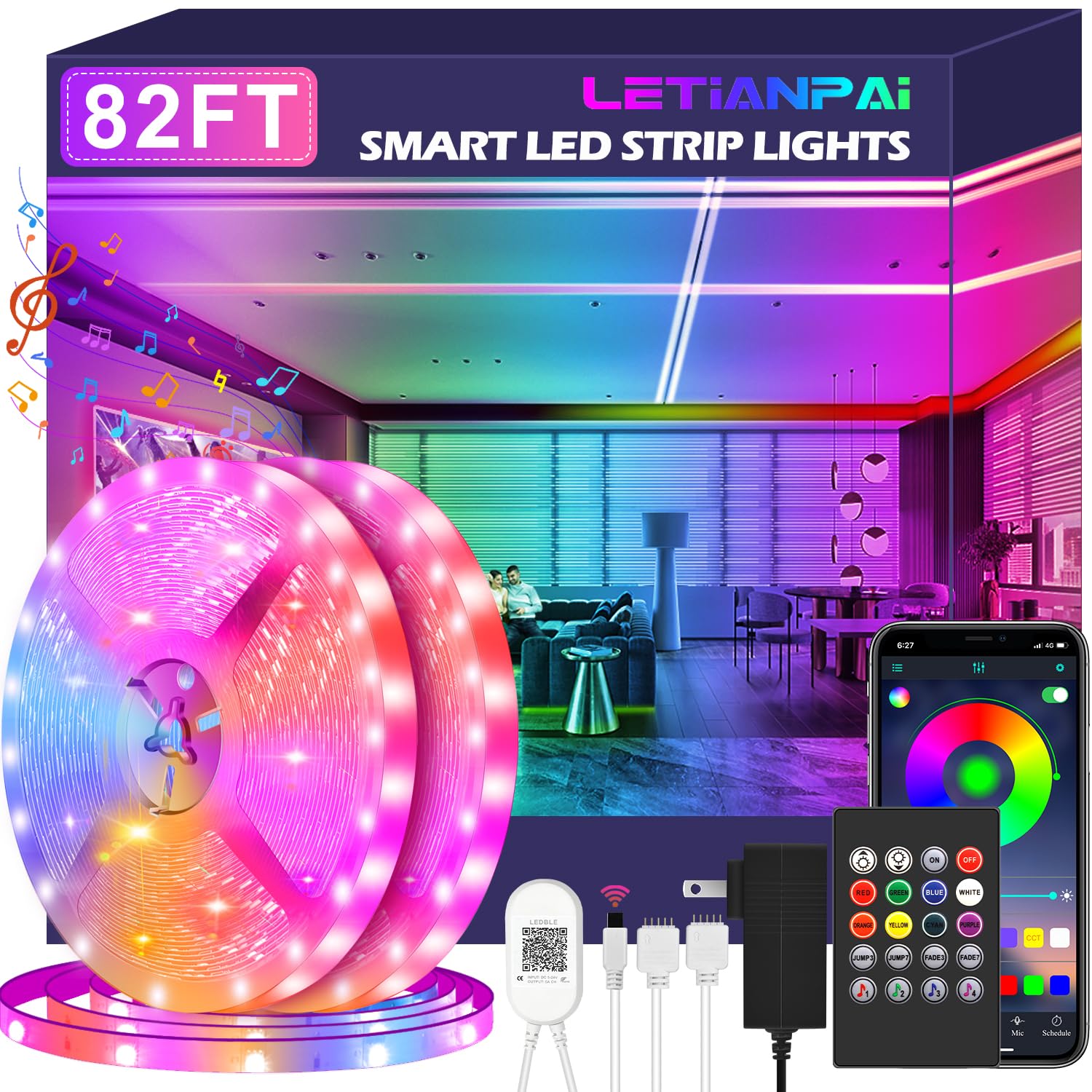 LETIANPAI LED Strip Lights, 82ft RGB Color Changing, Bluetooth & IR Remote, 5050 for Home Decoration, Party, Festival
