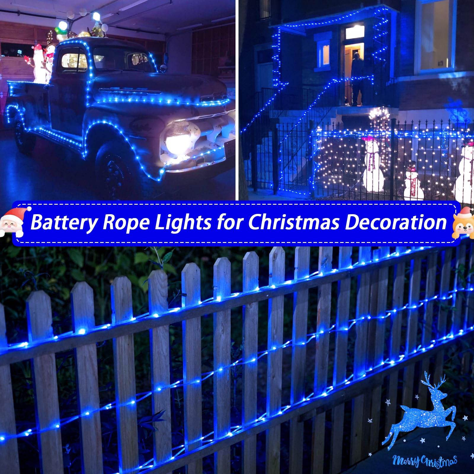 JMEXSUSS Blue Rope Lights, 33 ft, 100 LED, Battery Operated, Waterproof, 8 Modes, Model Rope100B