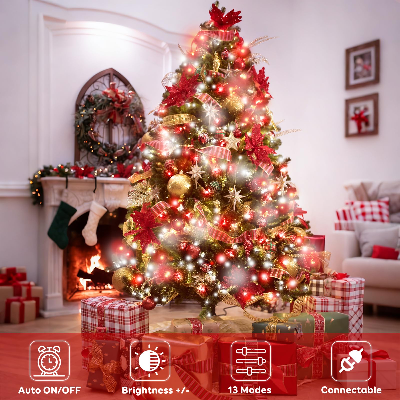 KAQ 88FT 240LED Connectable String Lights, Red & White, Clear Wire, Indoor/Outdoor, Timer, Model GP-SW290DC0209-IP44