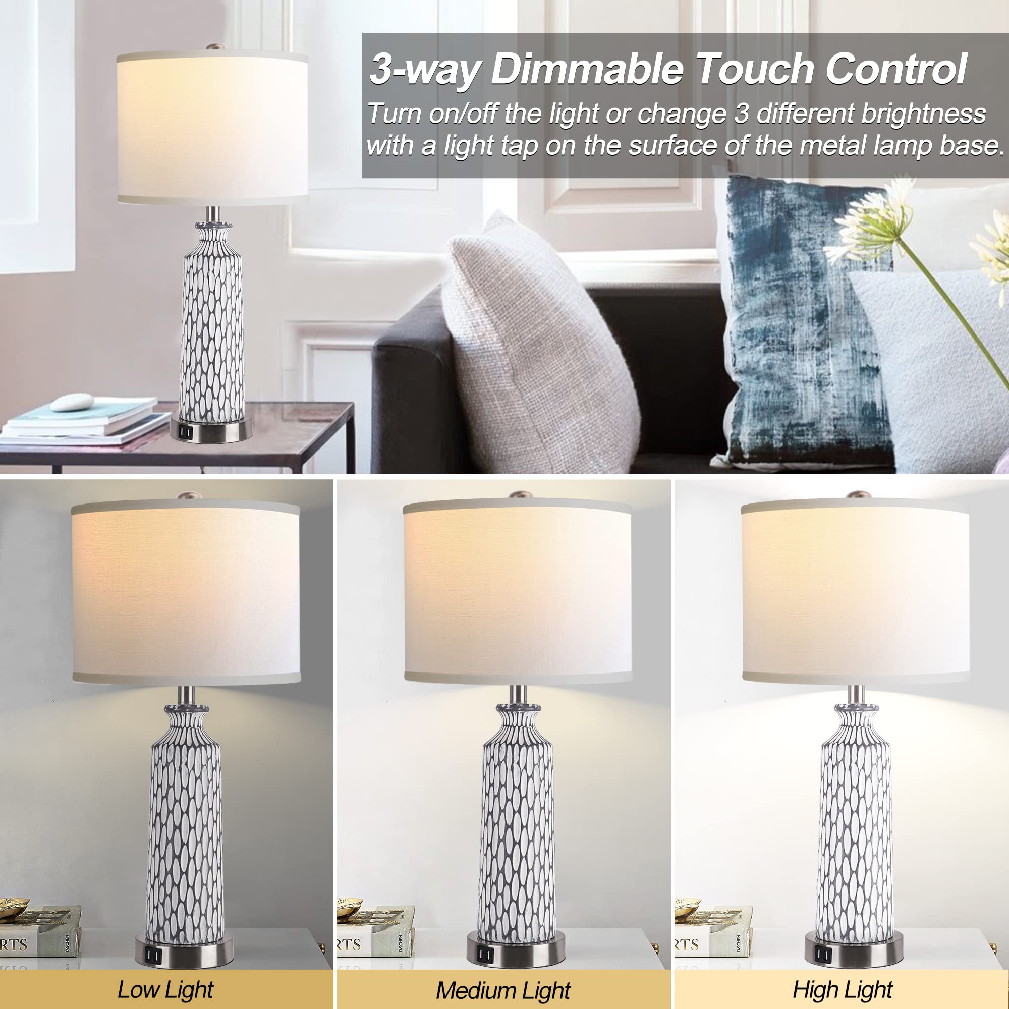 QiMH Table Lamp Set of 2, Modern Coastal Grey White Resin, 3-Way Dimmable Touch Control, USB A+C Ports, 2700K LED Bulbs