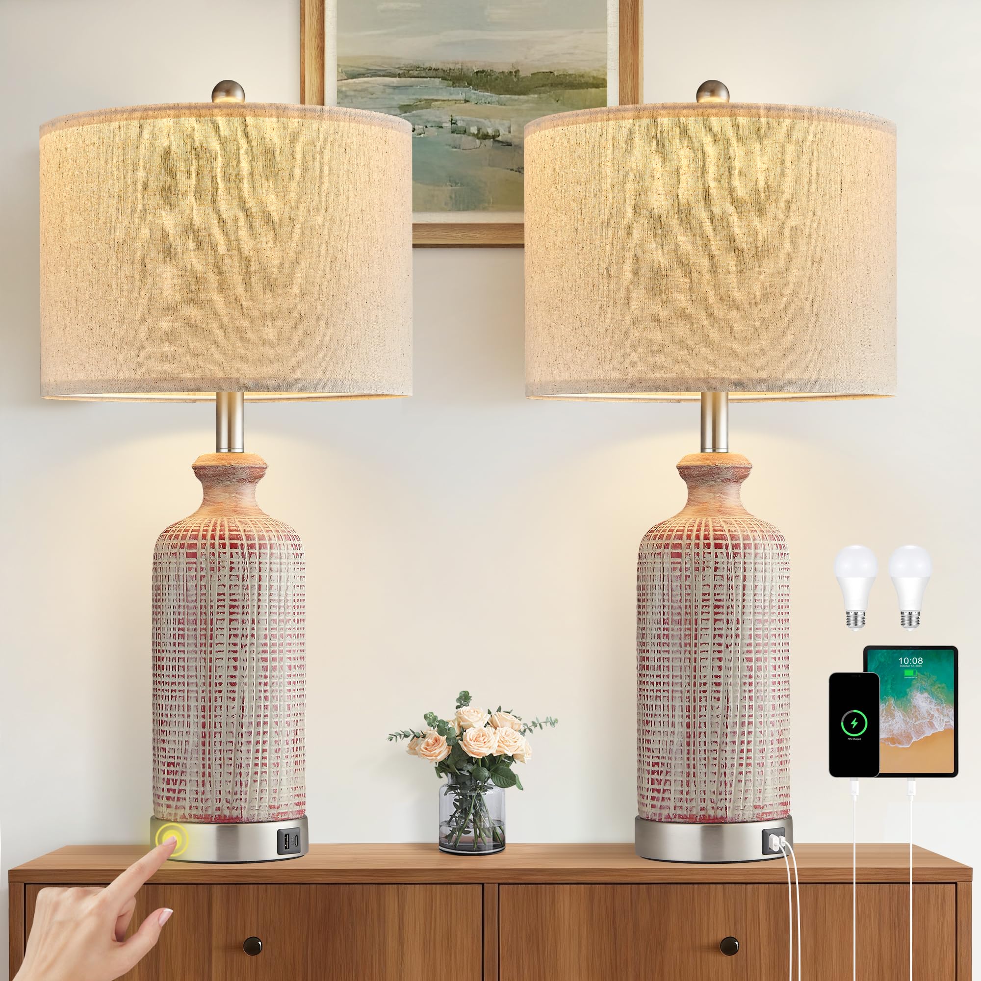 Ireliare Living Room Lamps Set of 2  27 Touch Lamps for Nightstand with USB A+C Ports  Modern Farmhouse Table Lamps for Bedroom  Red and White