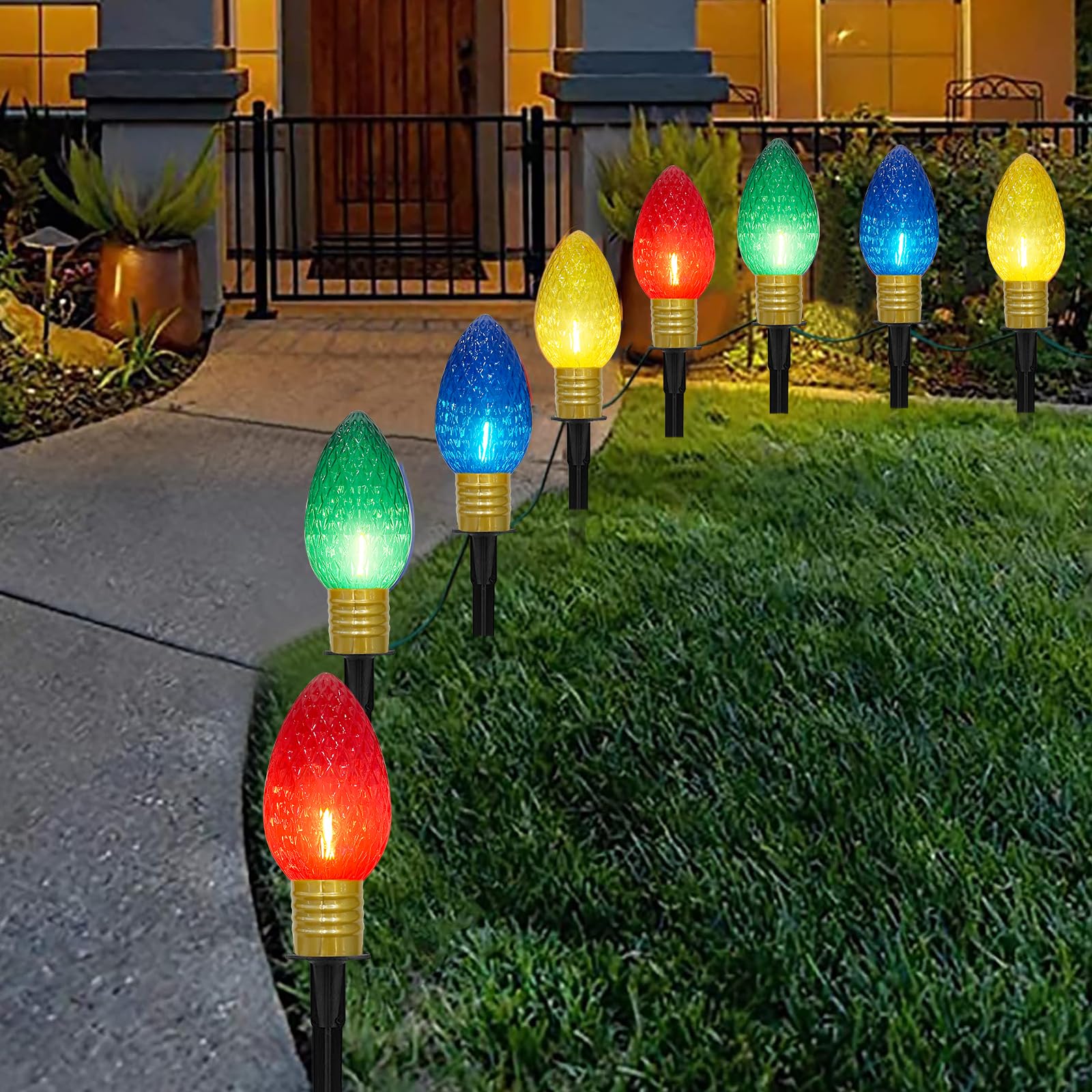 Jumbo C9 Christmas Pathway Lights Outdoor, 2 Pack 7FT Christmas Yard Decorations with 8 Jumbo C9 LED Strawberry Multicolor Bulbs
