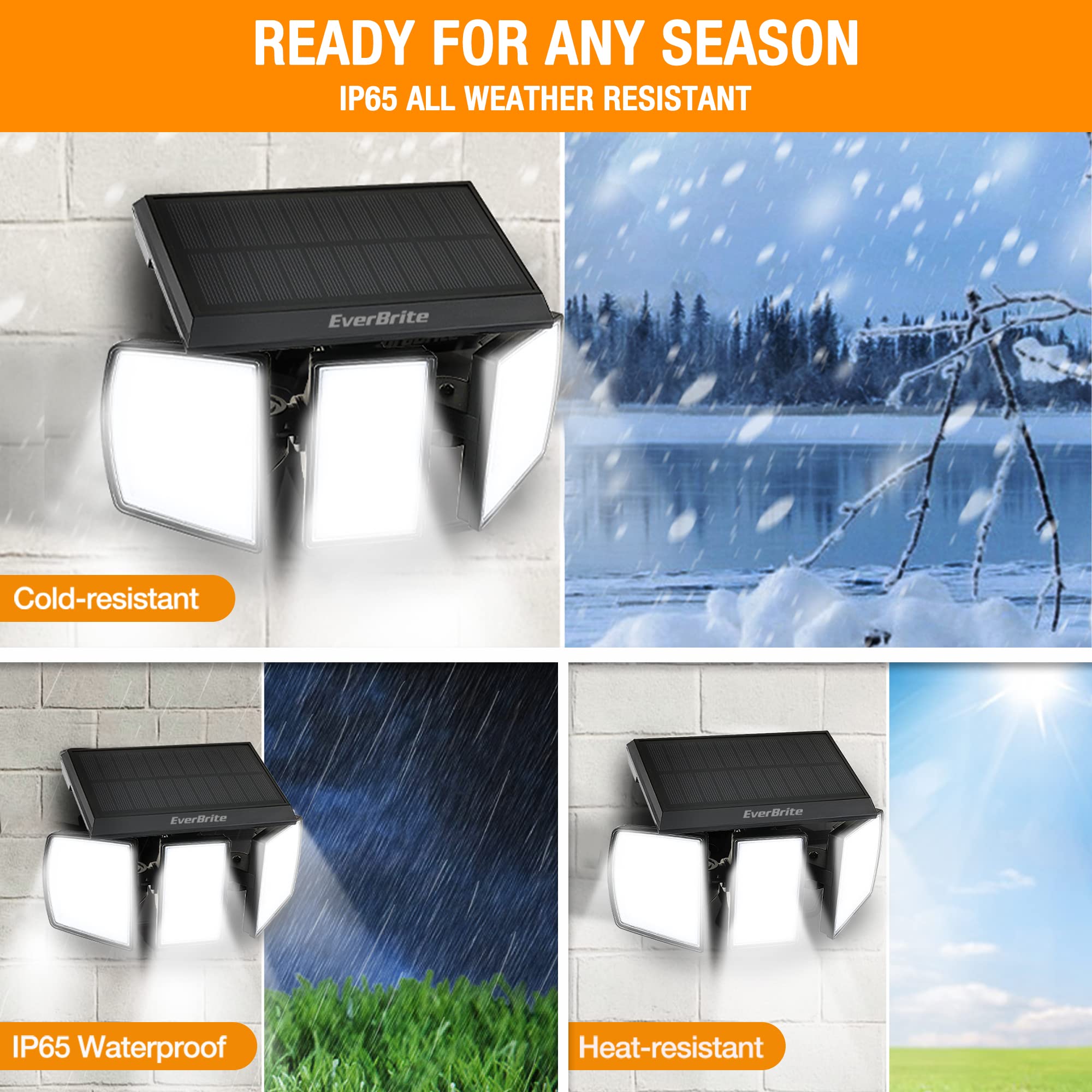 EverBrite Solar Outdoor Lights - 128 LED Motion Sensor Flood Light, 3 Heads, IP65 Waterproof, White, Model E021039