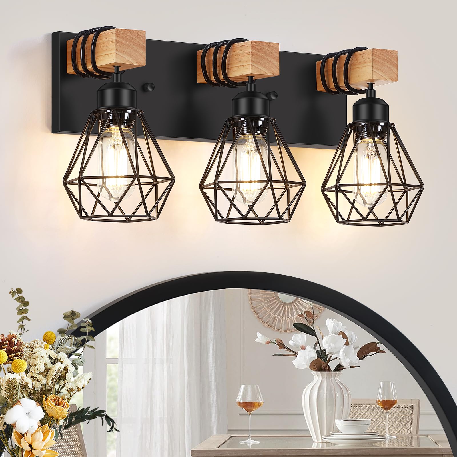 FadimiKoo 3-Light Farmhouse Bathroom Vanity Light, Black Metal & Wood, Vintage Design