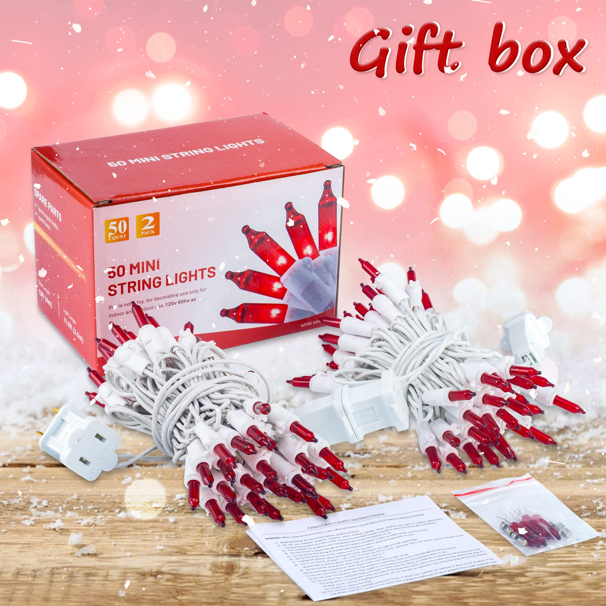 Hopolon 50 Red Christmas Lights - 2Pack White Wire, 13Ft String Lights For Indoor/Outdoor Holiday Decorations