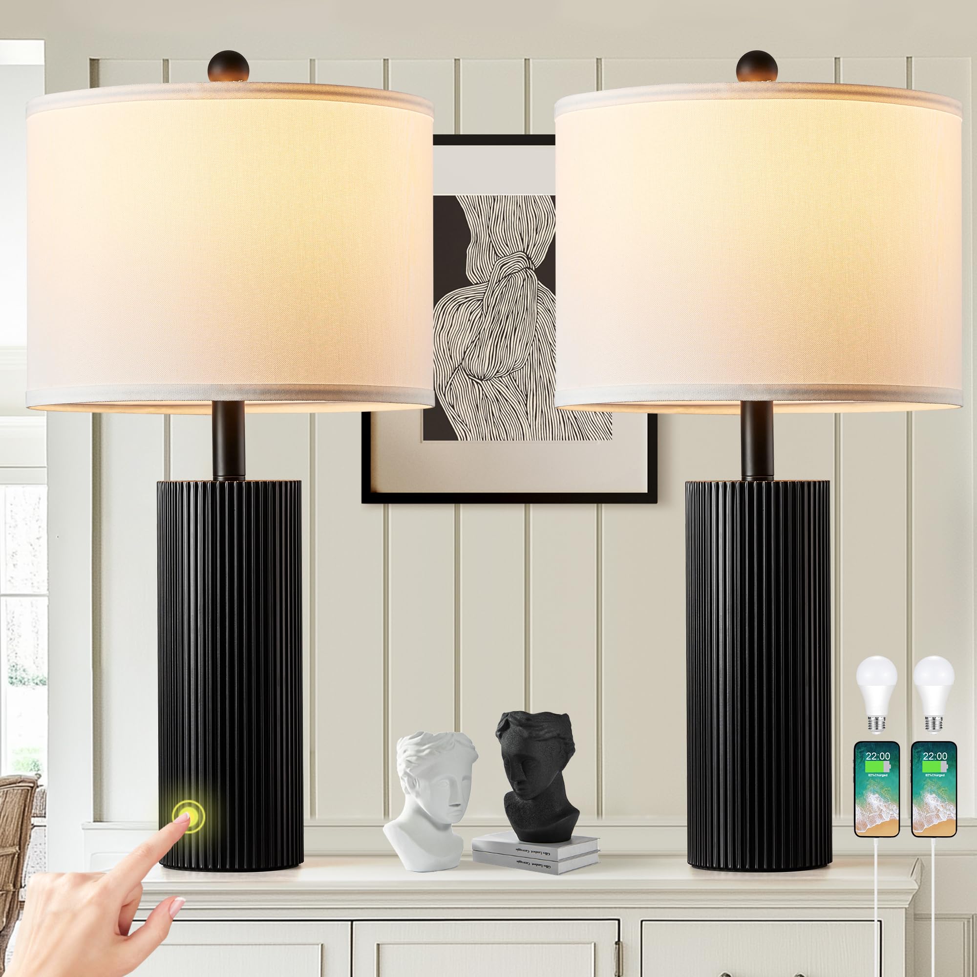 BZZMMB 24.5'' Black Touch Lamps Set of 2, Modern Living Room Table Lamps with USB C+A Ports, 2 Bulbs Included, Table Light Fixtu