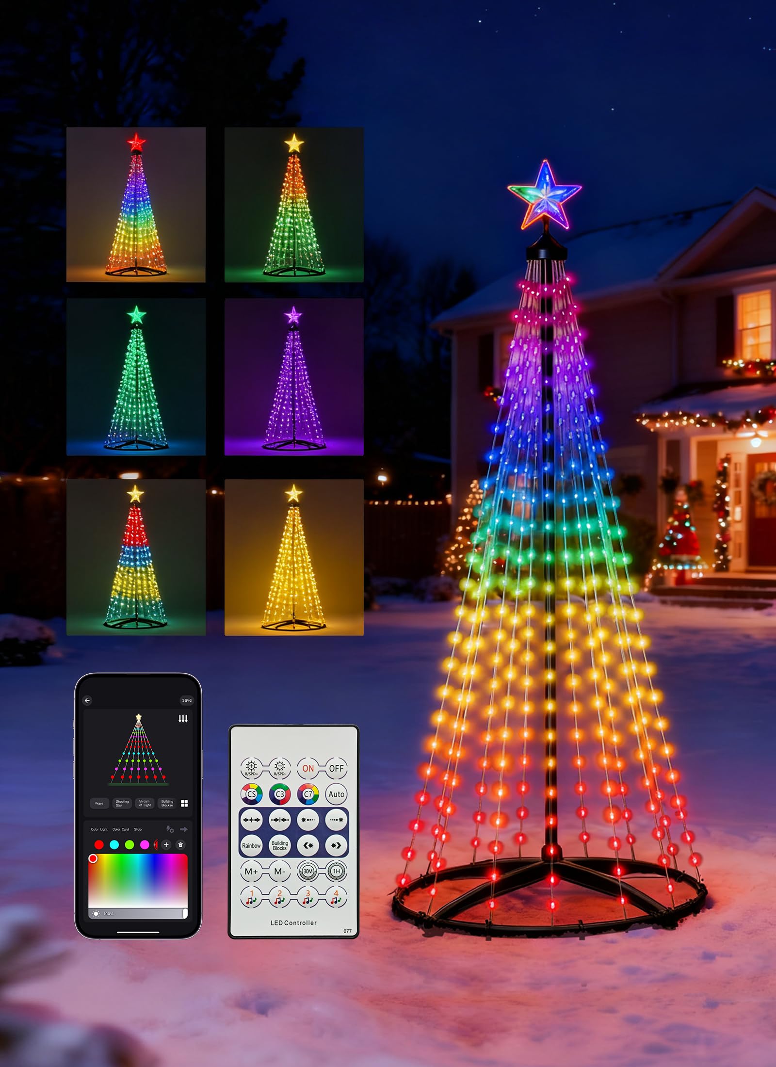 AHAWILL 7FT Christmas Cone Tree Smart RGB LED Lights with App & Remote Control Music-synced and DIY Multicolor String Lights Indoor & Outdoor Waterproof Christmas Decoration Lights for House