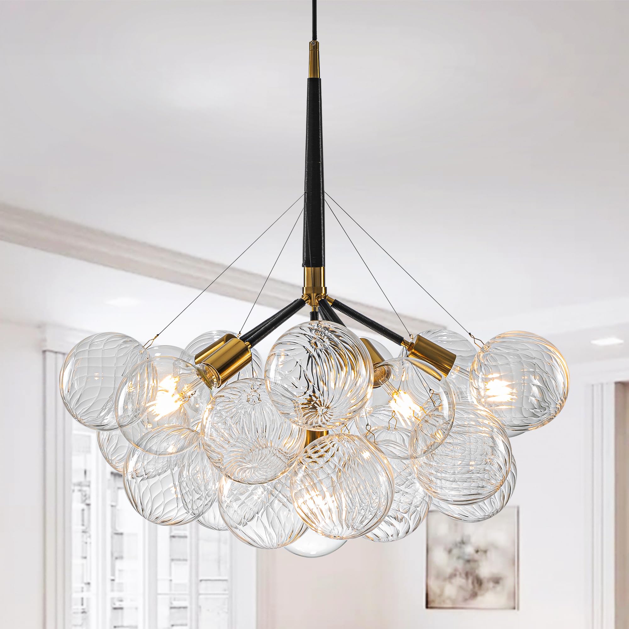 Beypan Mid-Century Bubble Ball Chandelier Clear Swirled Blown Glass 6-Light Cluster Globe Pendant Light Dia 24" Black Gold Chandeliers Lighting Light Fixtures For Dining Room Bathroom Island Entryway