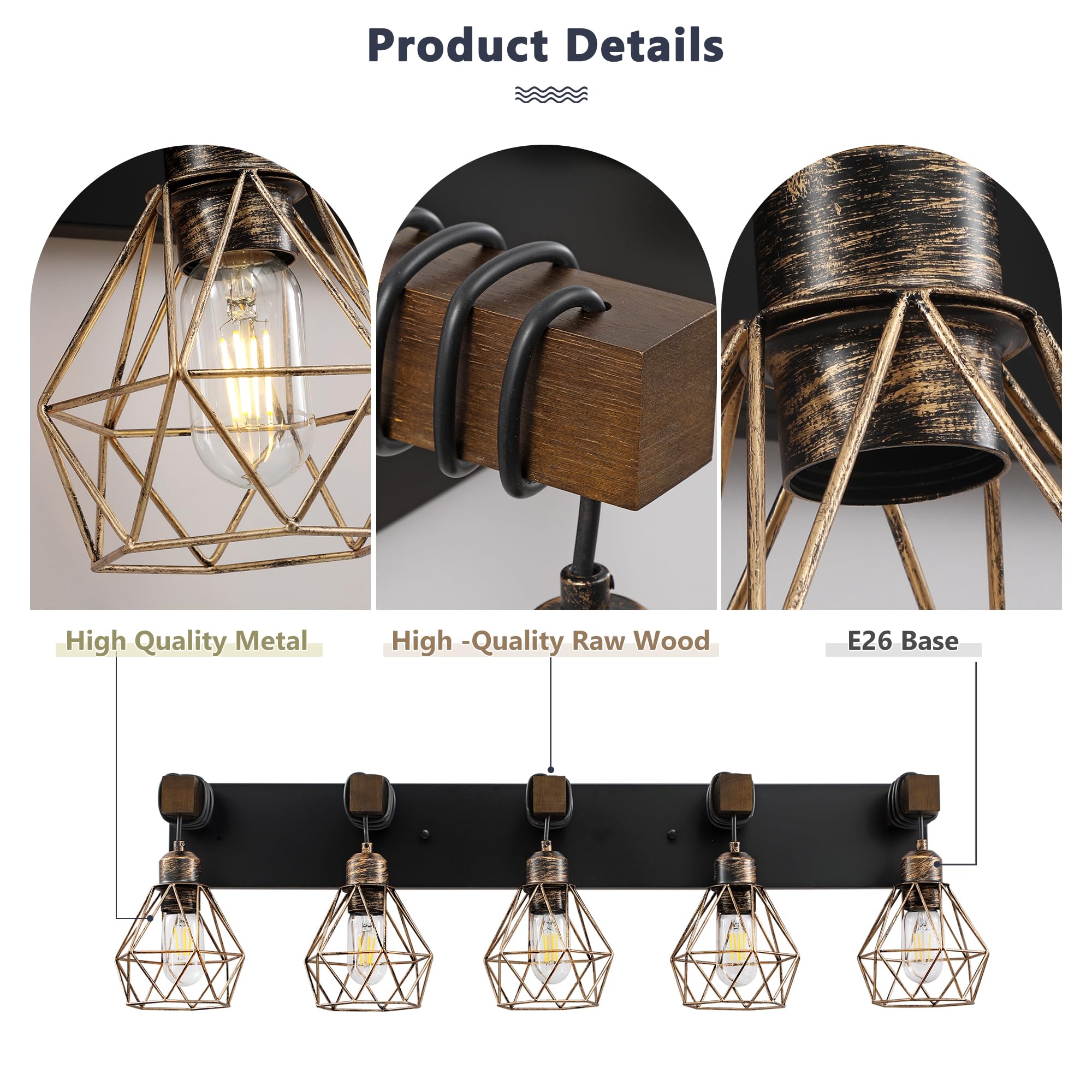 Maesta 5-Light Farmhouse Bathroom Vanity Light, Rustic Black Gold Metal Sconces for Living Room, Bedroom, Hallway