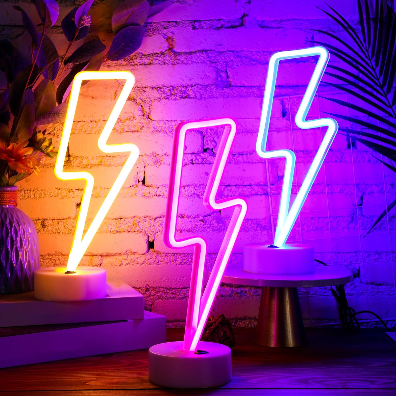 Sieral 3 Pcs Lightning Bolt Neon Signs Lightning Neon Lights with Base LED Sign USB or Battery Operated for Teen Girls Gift Birt