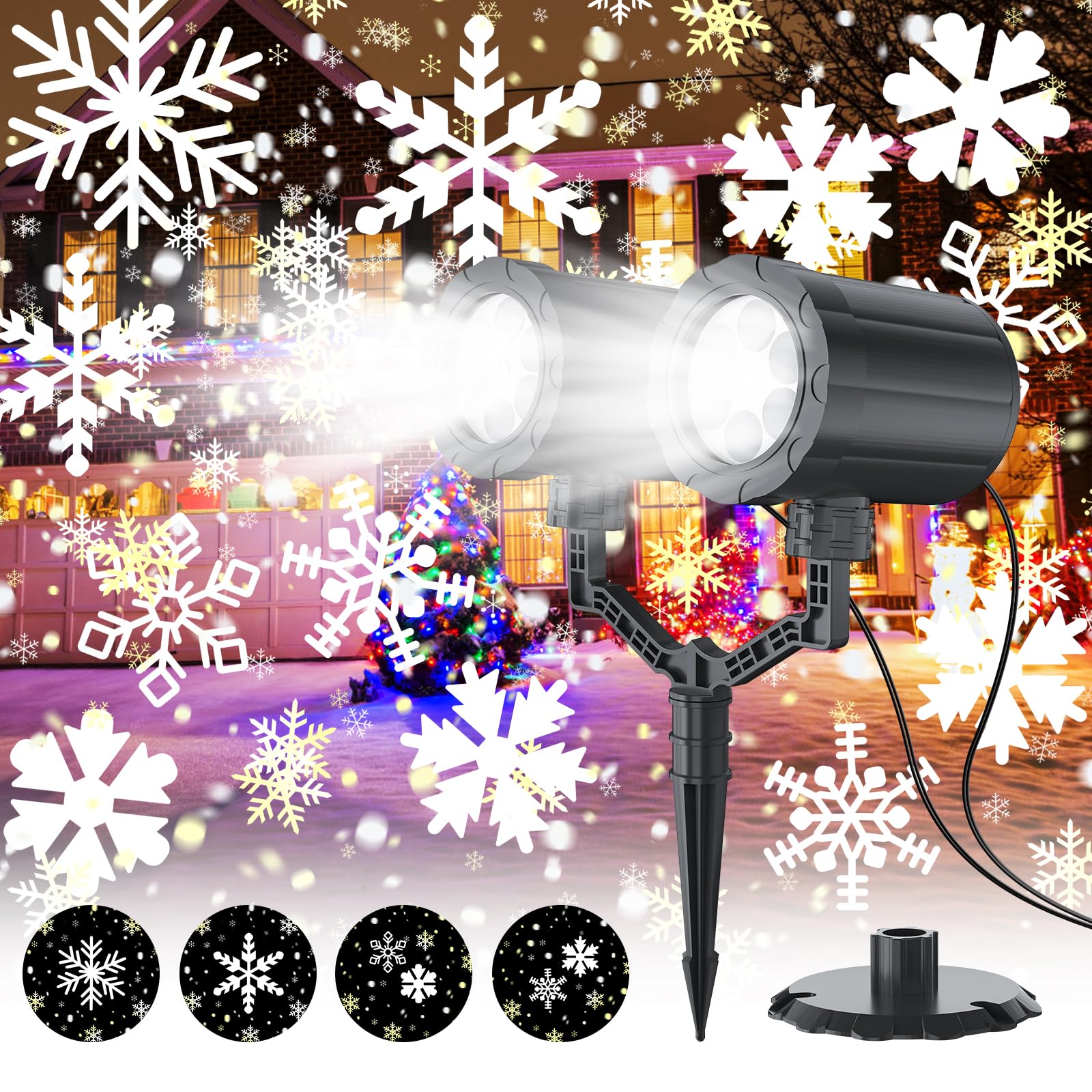 Double Head 360 Rotating Dynamic Snowflake Christmas Spotlights, IP65 Waterproof Snowfall Projector LED Lighting for Indoor/Outd