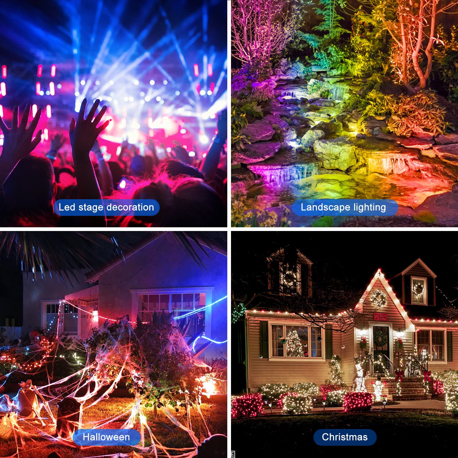 ChangM RGB Outdoor LED Flood Light 50W - Waterproof Color Changing Spotlights, 4 Pack with Ground Stakes, IP66 for Garden and Landscape