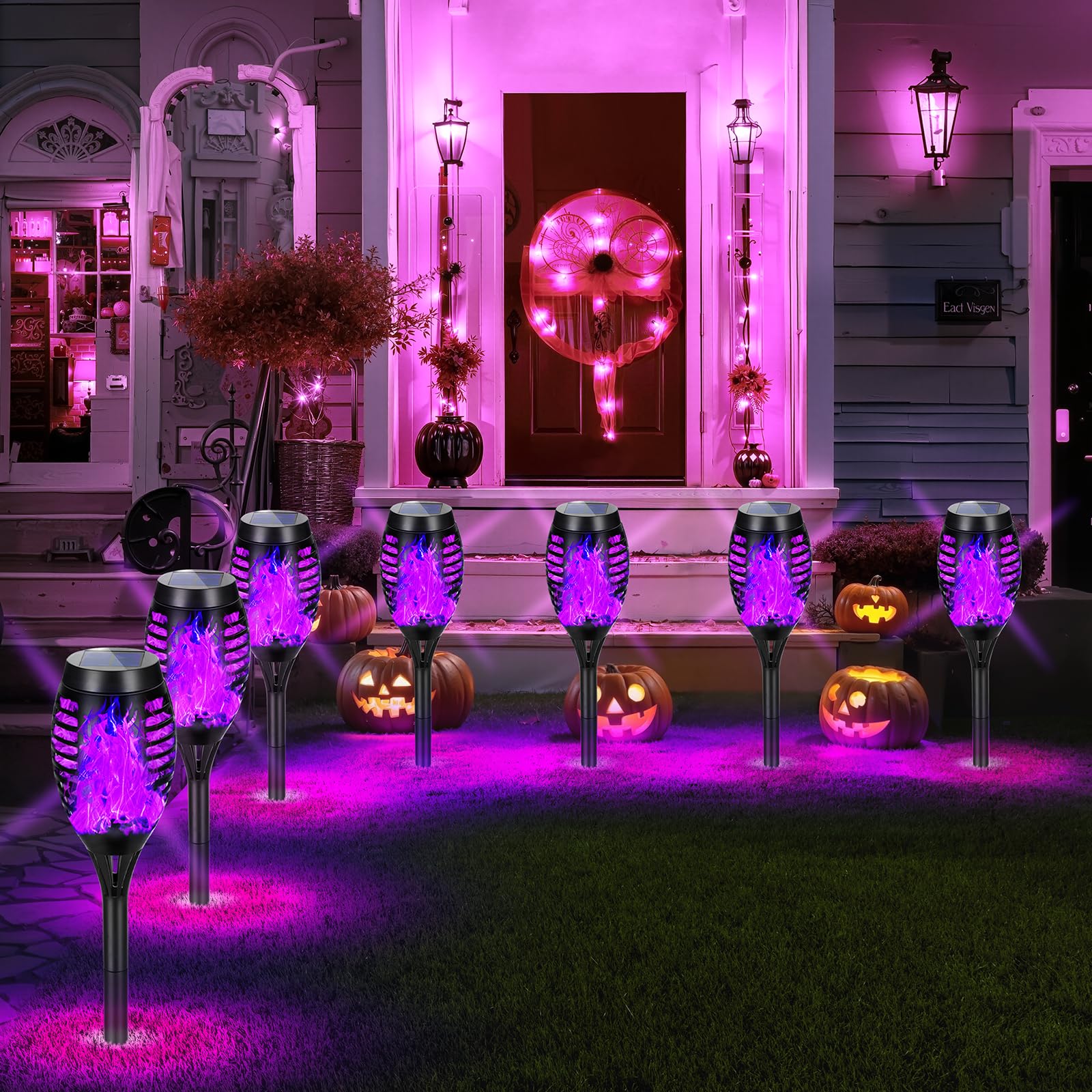 AOUNQ Solar Torch Lights Outdoor, 10 Pack Purple Flickering Flame, Waterproof Tiki Torches for Garden Decor, Model AO-USA 03-10P