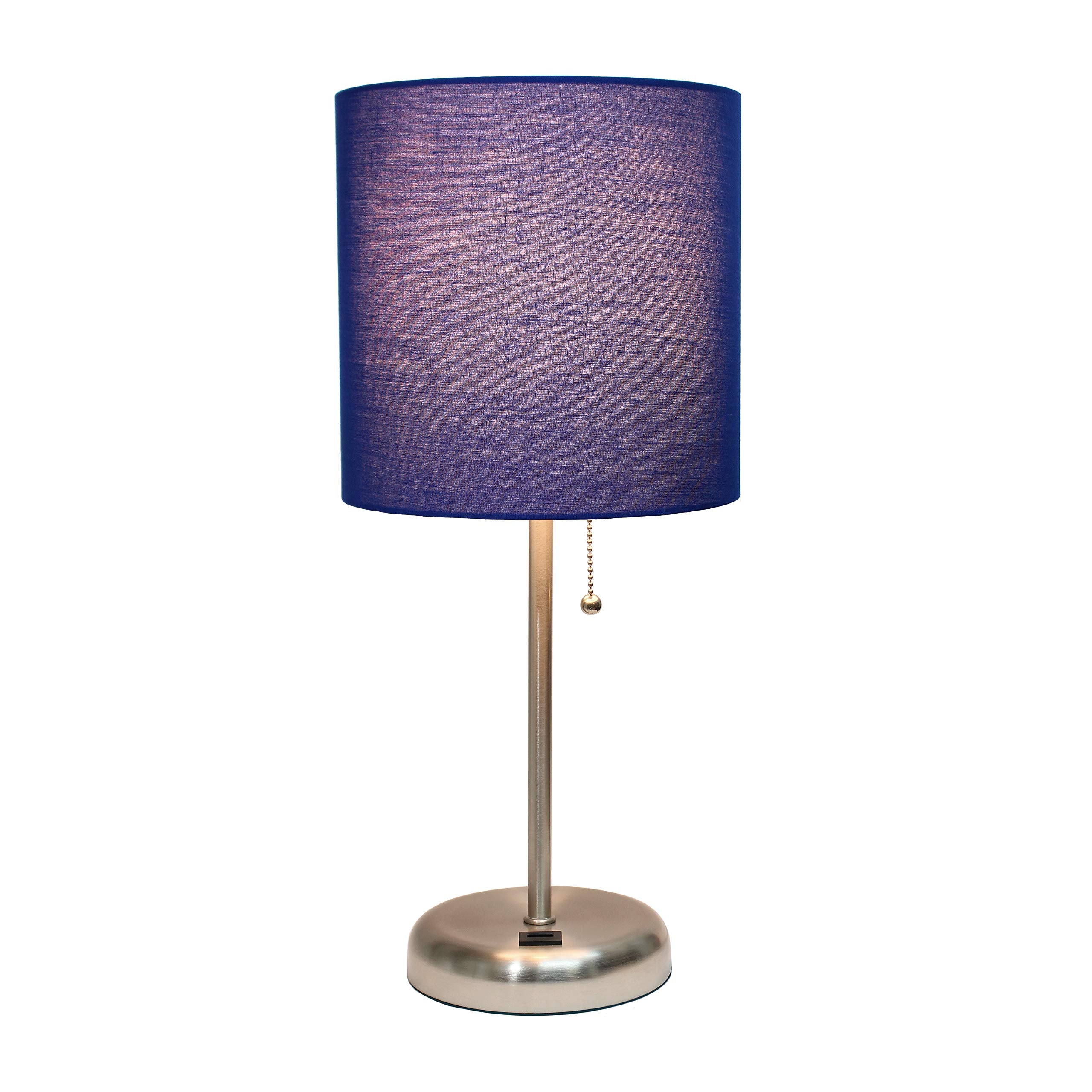 Simple Designs Lt2044-Nav Brushed Steel Stick Table Desk Lamp With Usb Charging Port And Drum Fabric Shade, Navy Blue Shade