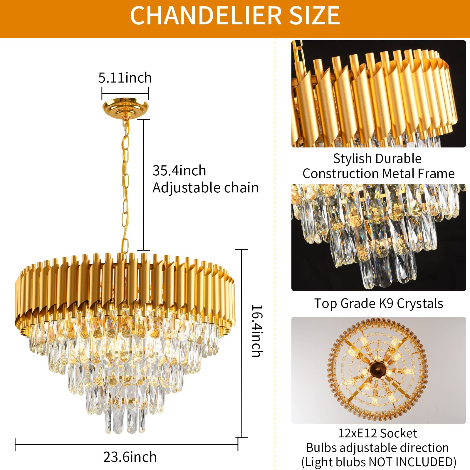 AKDXIRUN Modern Crystal Chandelier, 12 Lights, Gold, 24in Width, Luxury Light Fixture for Dining Room, Living Room, Bedroom, Foyer