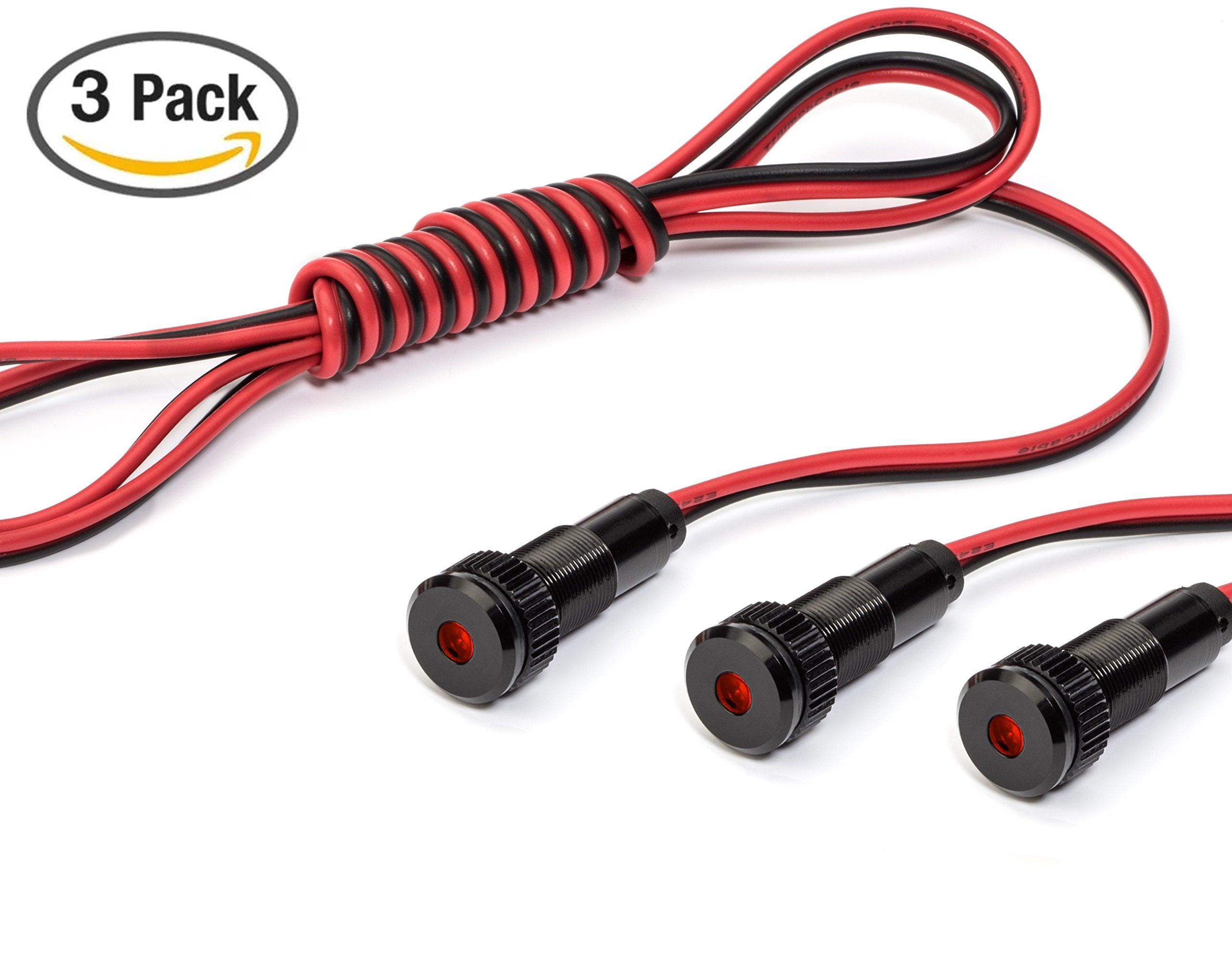 3 Pack Of Plug-N-Play Instrument Cluster Led Indicator Light Dash Bulbs. Aluminum Pilot Lights. Color Acrylic Lens. Flush Panel Mount 5/16&quot; 8Mm 12V For Speedometer Odometer (Black Bezel, Red Led)