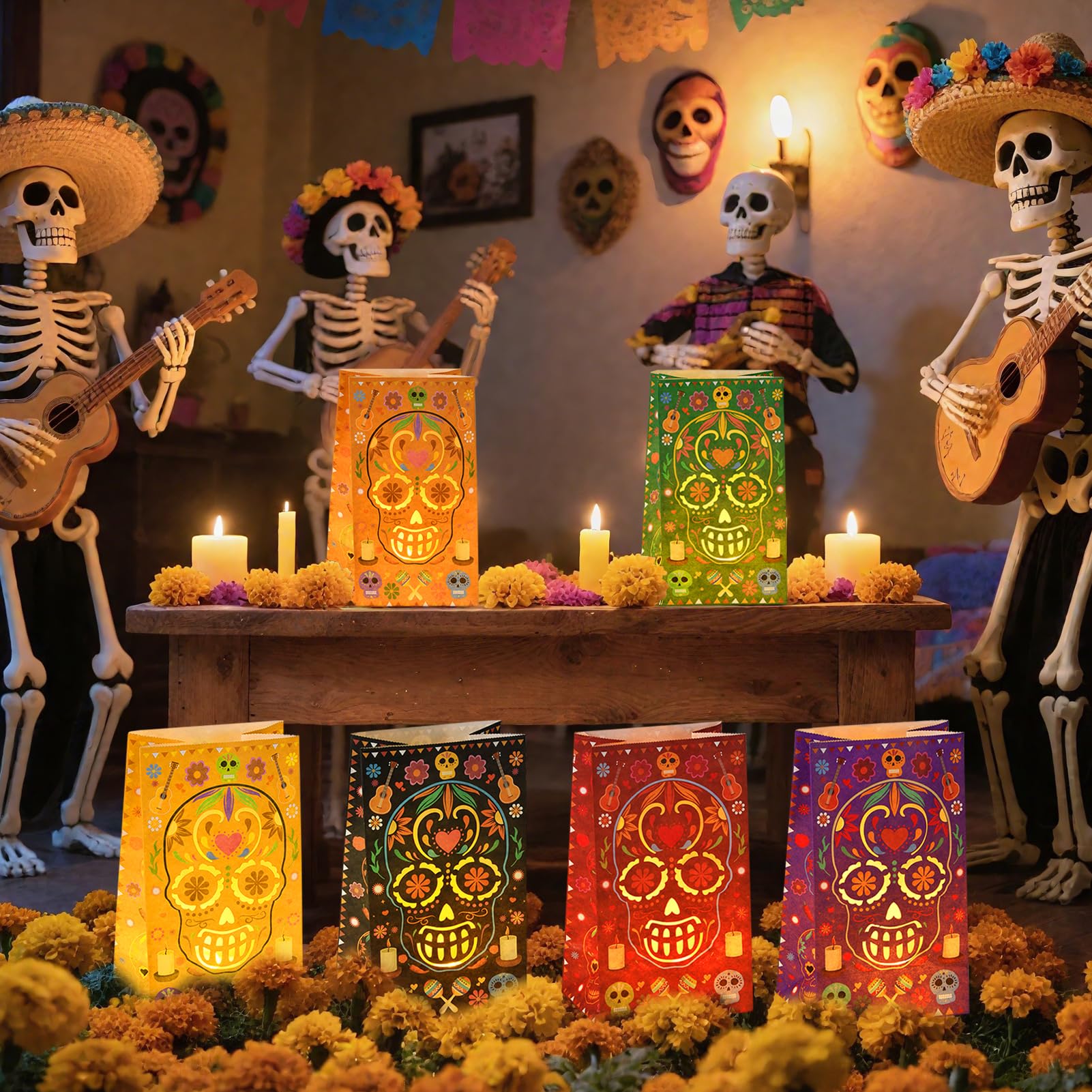 Antenda 30 Pcs Dia De Los Muertos Decorations Luminary Bags  Day Of The Dead Diwali Decor Flame Resistant Candle Bag - Halloween Candy Bag Mexican Fiesta Party Altar Favors Supplies