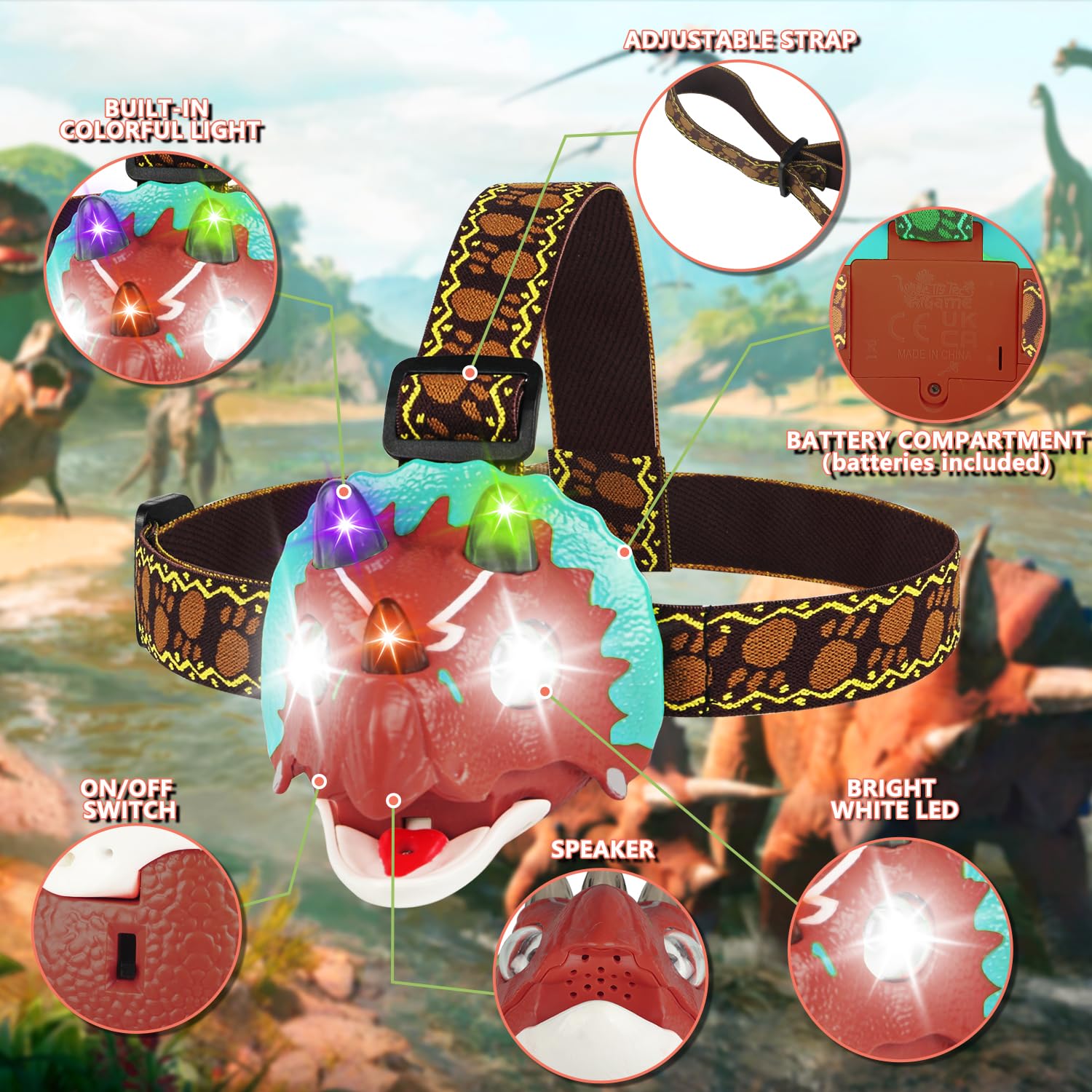 Tigtecgame Dinosaur Headlamp - T-Rex Led Flashlight For Kids, Camping & Outdoor Fun