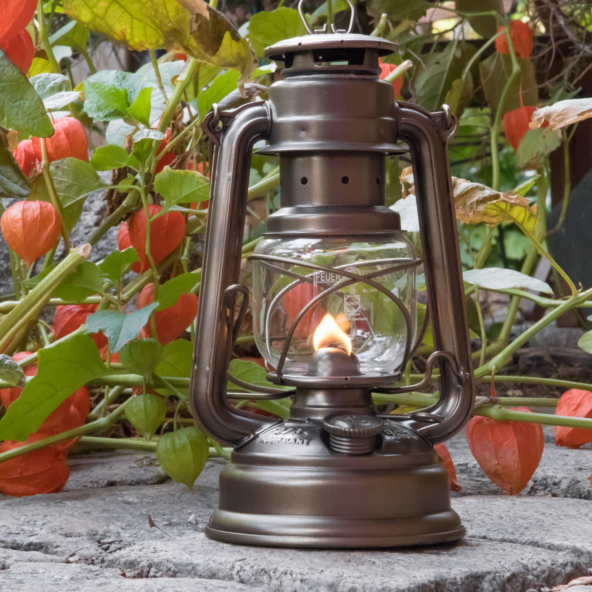 Feuerhand Kerosene Lantern 276 - 10" Bronze Hurricane Lamp for Camping & Patio, Weather Resistant, German Made