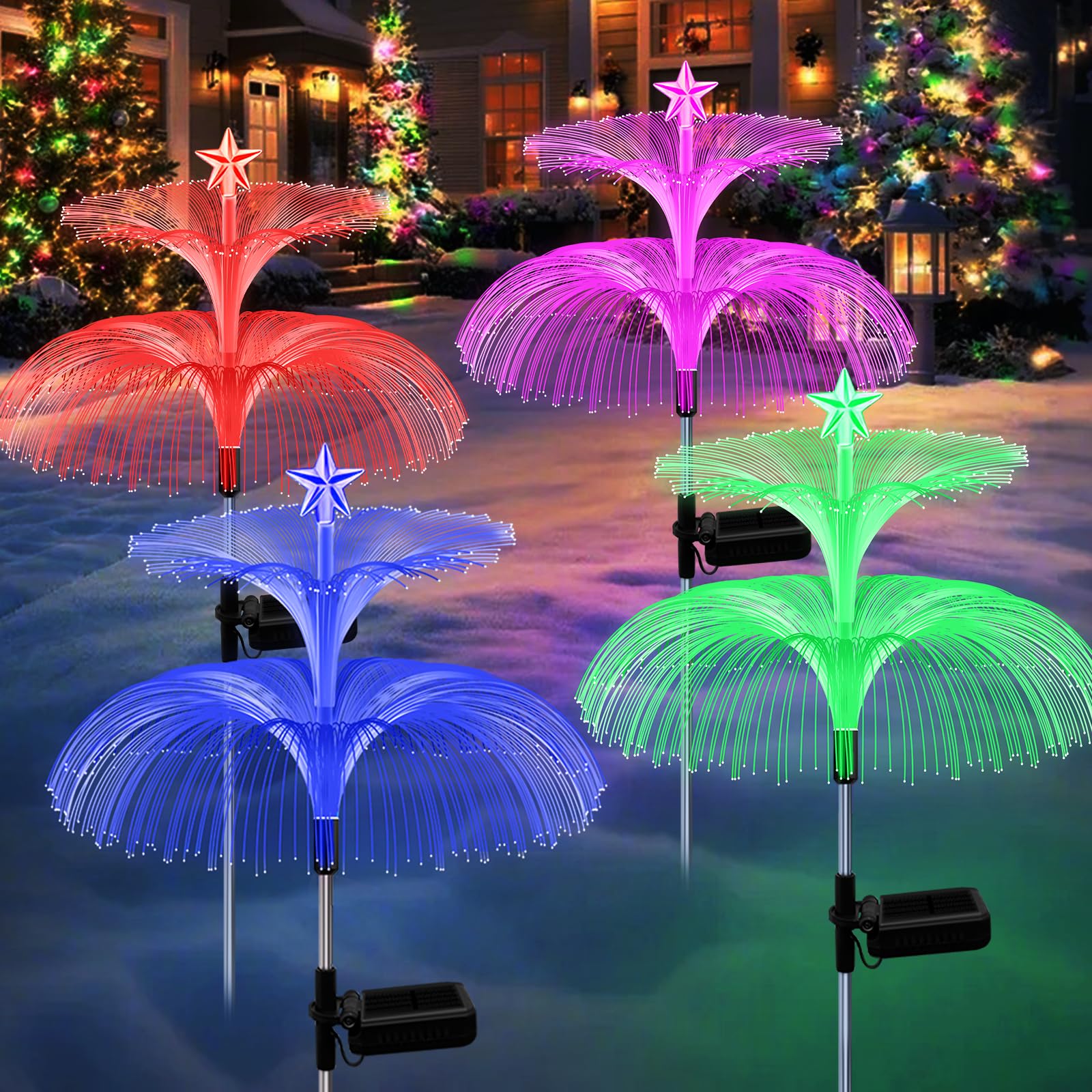 Solar Christmas Lights  4 Pack Solar Star Jellyfish Lights 7 Color Changing Fiber Optic Light Gardening Gifts For Mom Grandma Women  Flower Light For Outdoor Yard Garden Decor