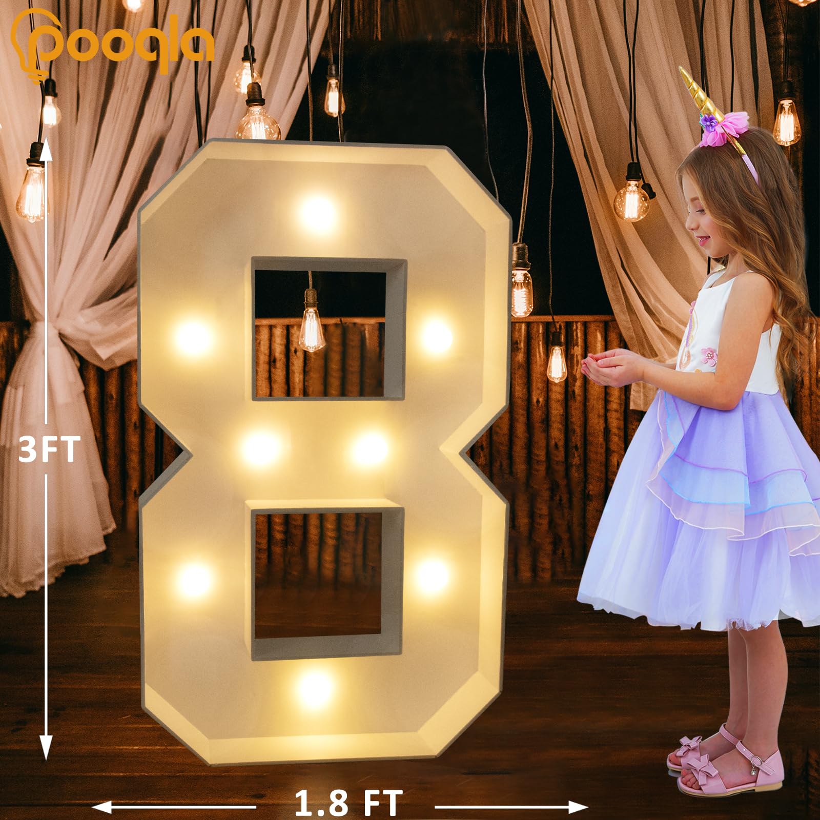 Pooqla 3FT Light Up Marquee Number 8, LED in Cool & Warm White, Polypropylene, Model 3FT-FXDJ 2W-8 for Birthday Party Decor
