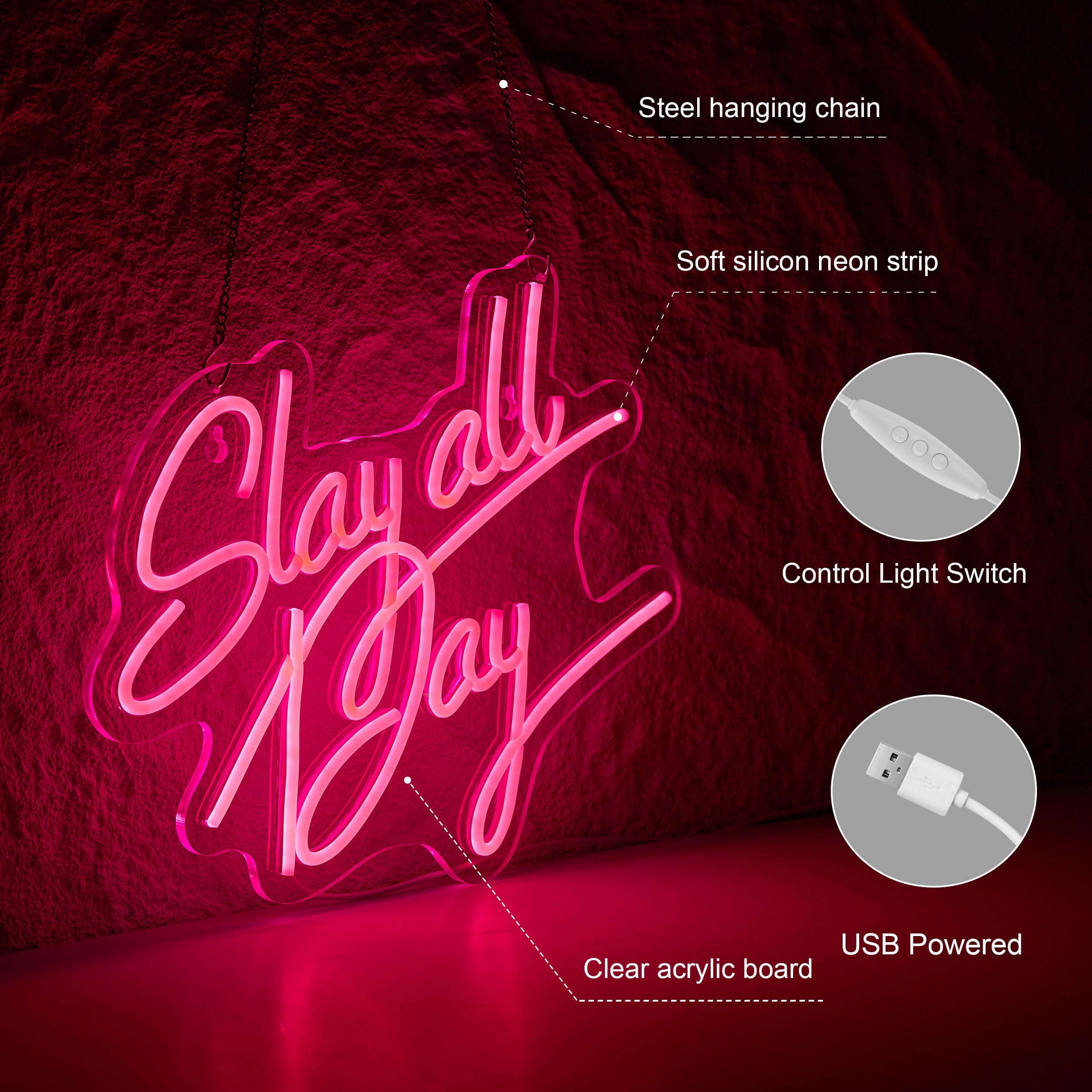 Neonhonba Slay All Day Neon Sign LED Wall Décor USB Powered 17x13 inches Pink Acrylic