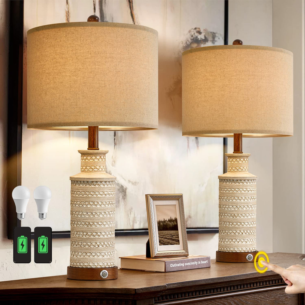 Bobomomo 24.5'' 3-Way Dimmable Touch Control Table Lamp Set Of 2 With Dual Usb Charging Ports For Bedroom Living Room Vintage Ru