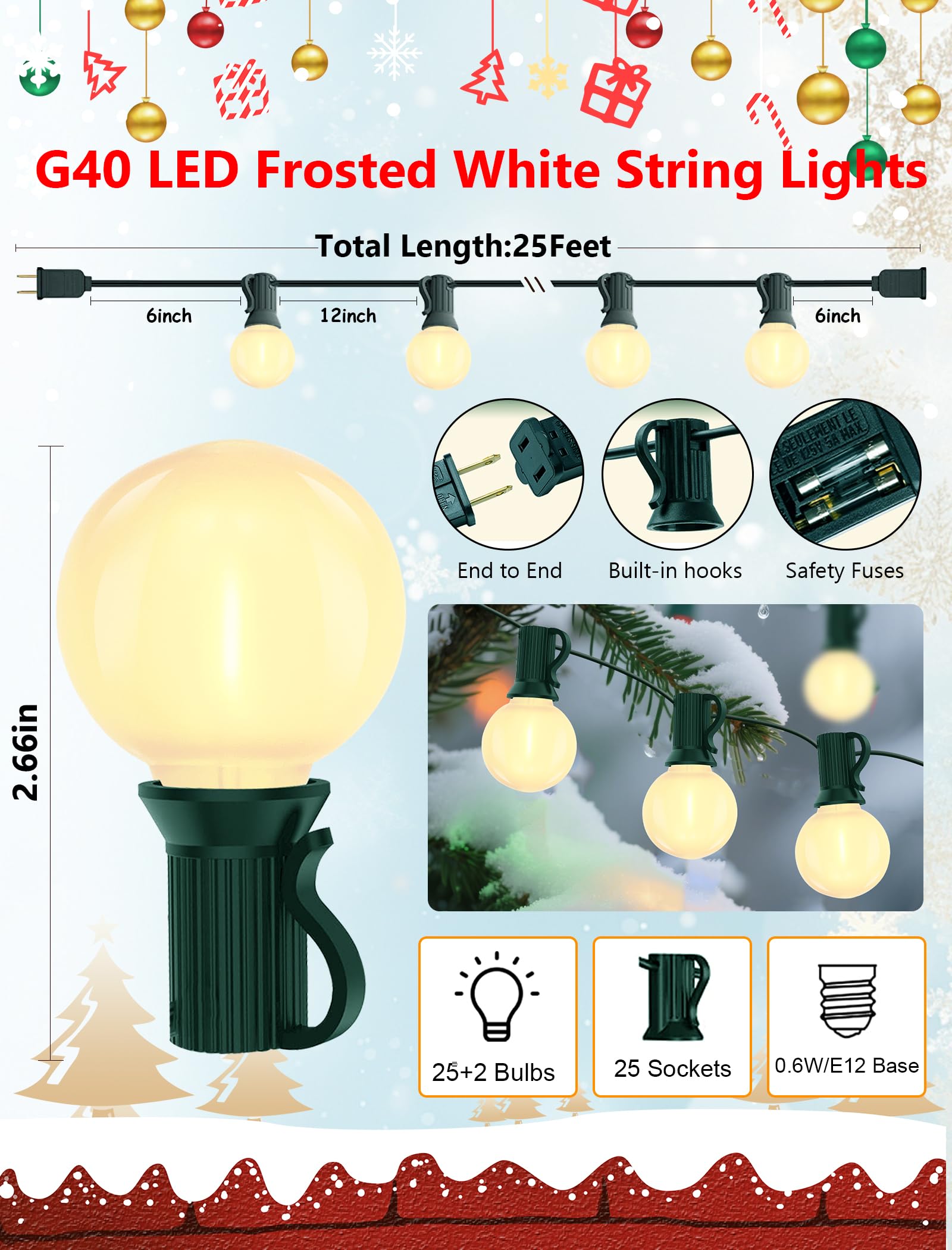 GOOTHY 25Ft Dimmable G40 LED Patio String Lights, Frosted White Globe Bulbs, Green Wire, Waterproof Outdoor Christmas Decorations