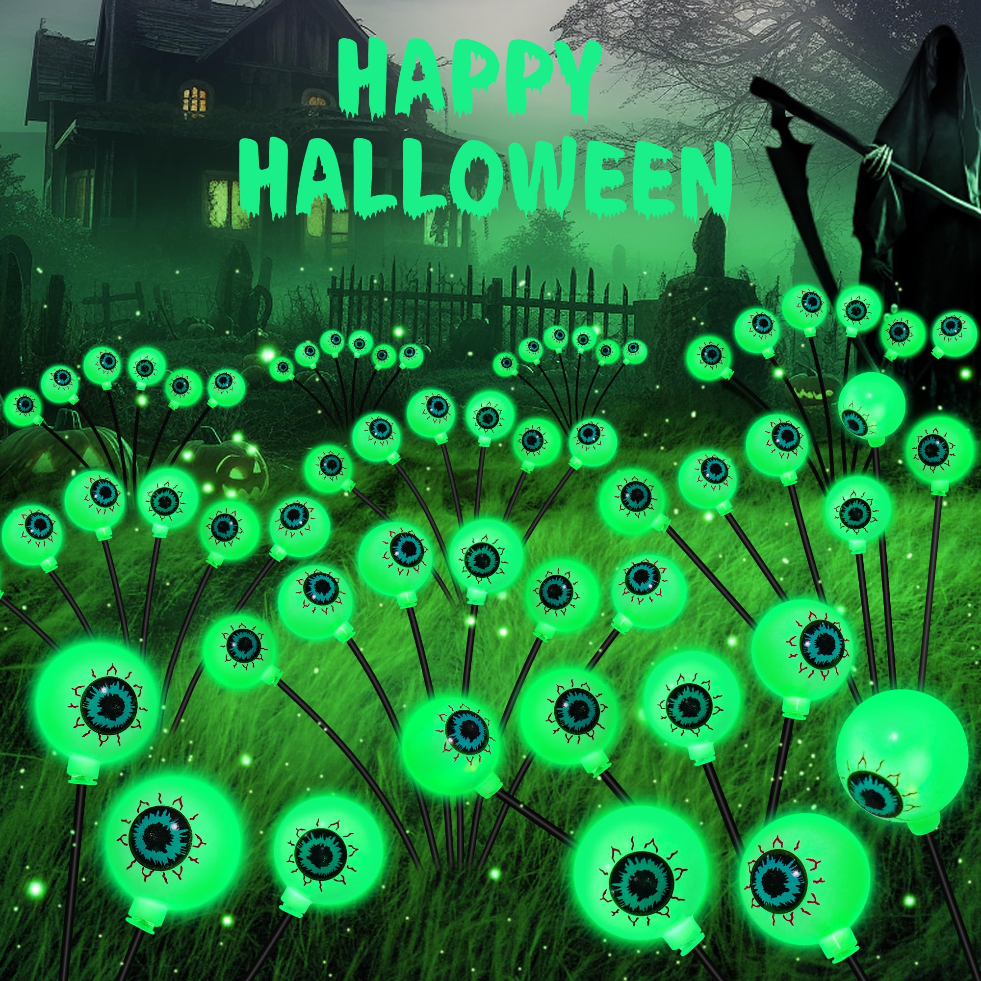 Nbqq Solar Halloween Decorations, 4 Pack 24 Led Spooky Eyeball Lights, Green Eyeball Swaying Firefly Lights,Waterproof Solar Halloween Path Lights For Yard Garden Lawn Party Decor