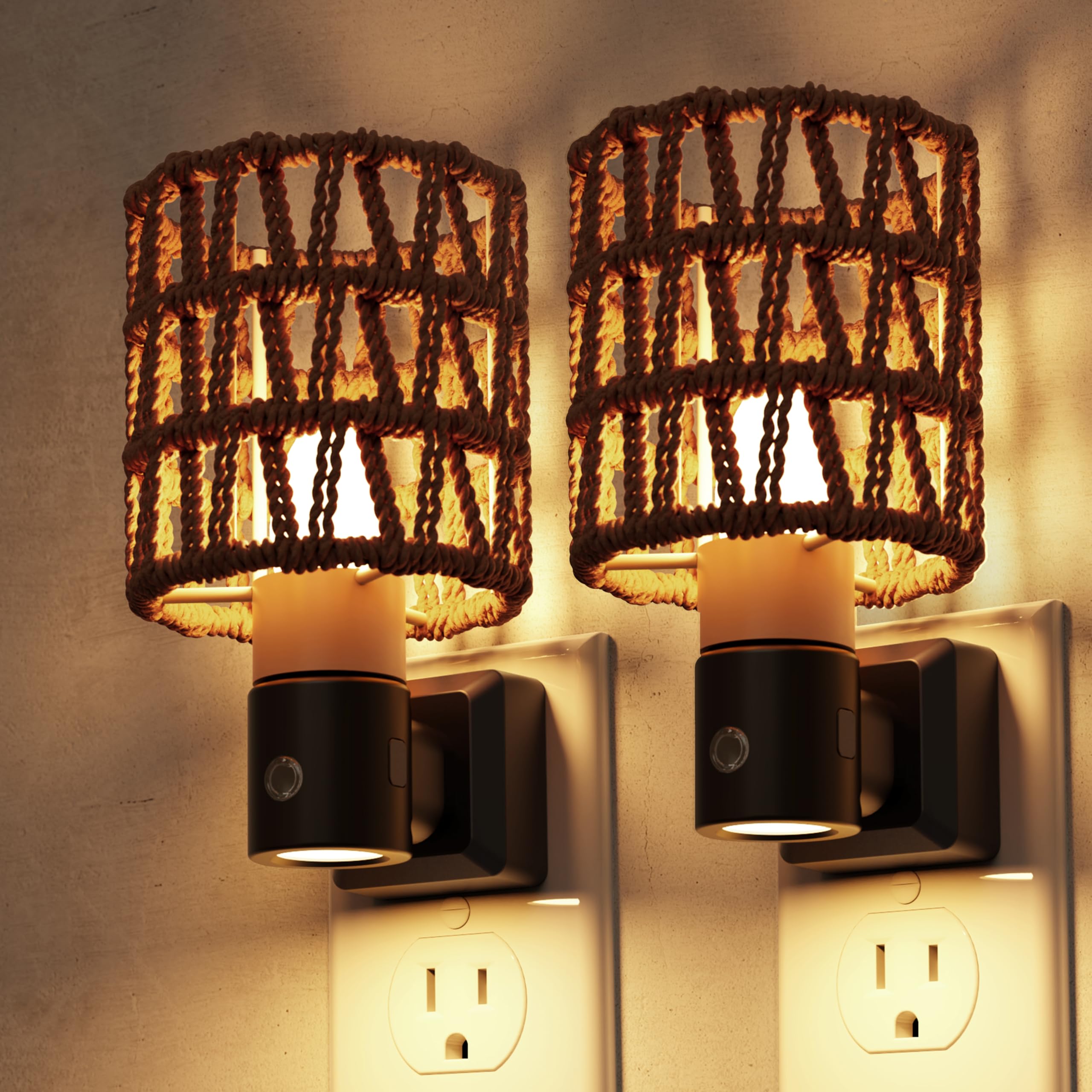 L LOHAS LED Night Lights Plug into Wall, 2 Pack Cylindrical Ironwork Boho Lampshade Decor Night Light, 350 Rotatable Dusk to Daw