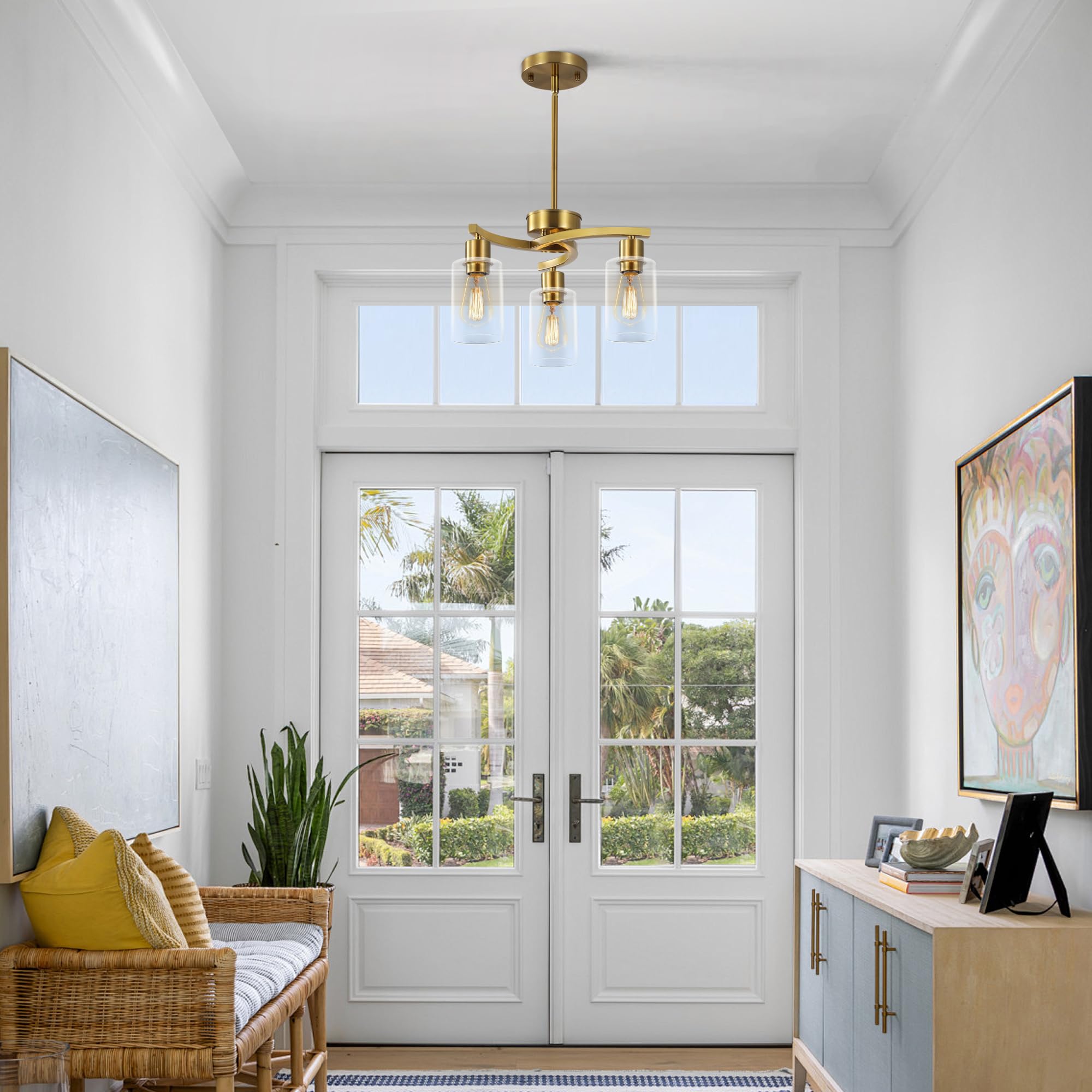 Cnratye 3-Light Gold Dining Room Chandeliers Over Table  Contemporary Kitchen Island Pendant Lighting  Industrial Hanging Light Fixture For Entryway Hallway Foyer Bedroom  Clear Glass Shade