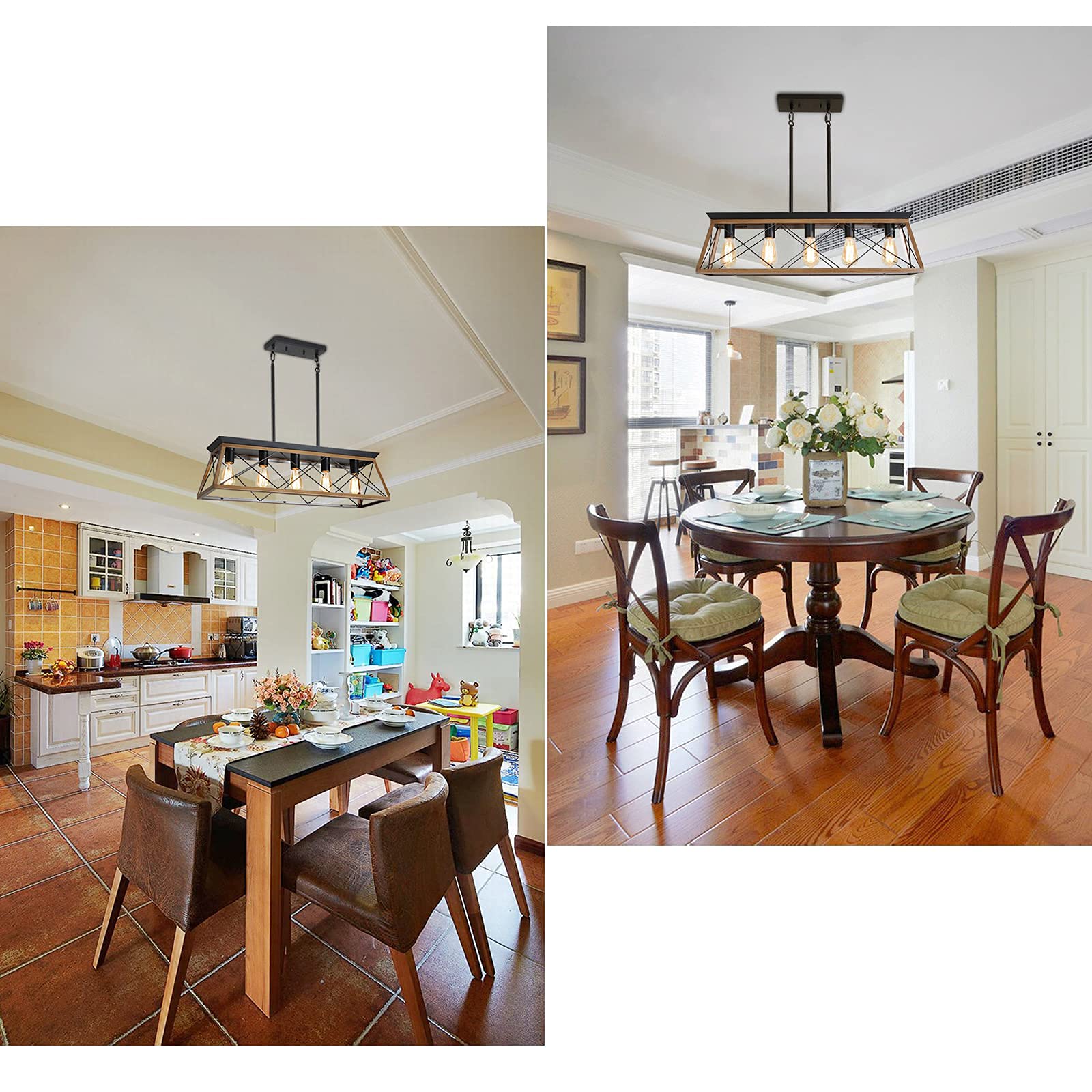 XIPUDA 5-Light Linear Pendant Chandelier, Rustic Metal Ceiling Light Fixture, Walnut, Model XPD-0048