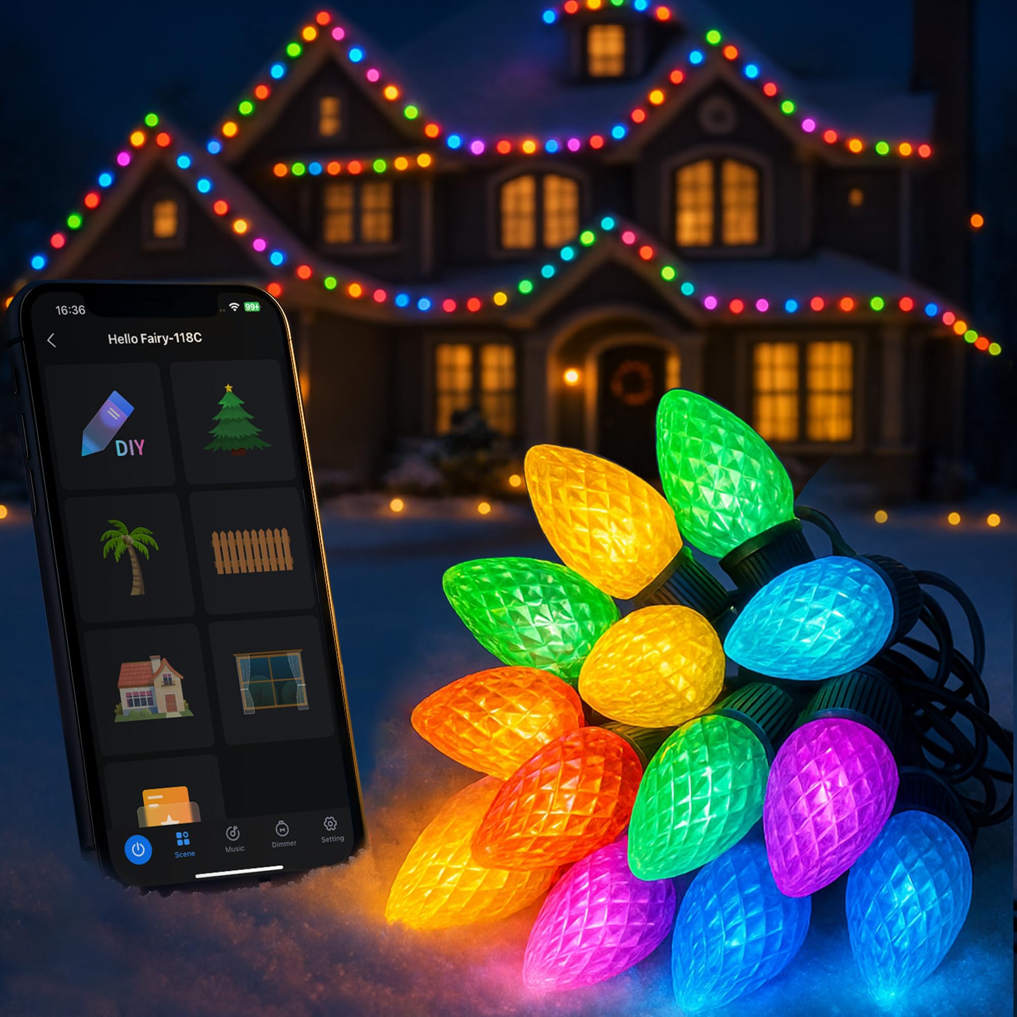 Led C9 Christmas Lights Outdoor 100Ft 150 Leds App Remote Controlled Rgb Smart String Lights With Diy Music Sync & Timer 108 Modes Waterproof & Extendable For Roofline House Xmas Tree Halloween Decor