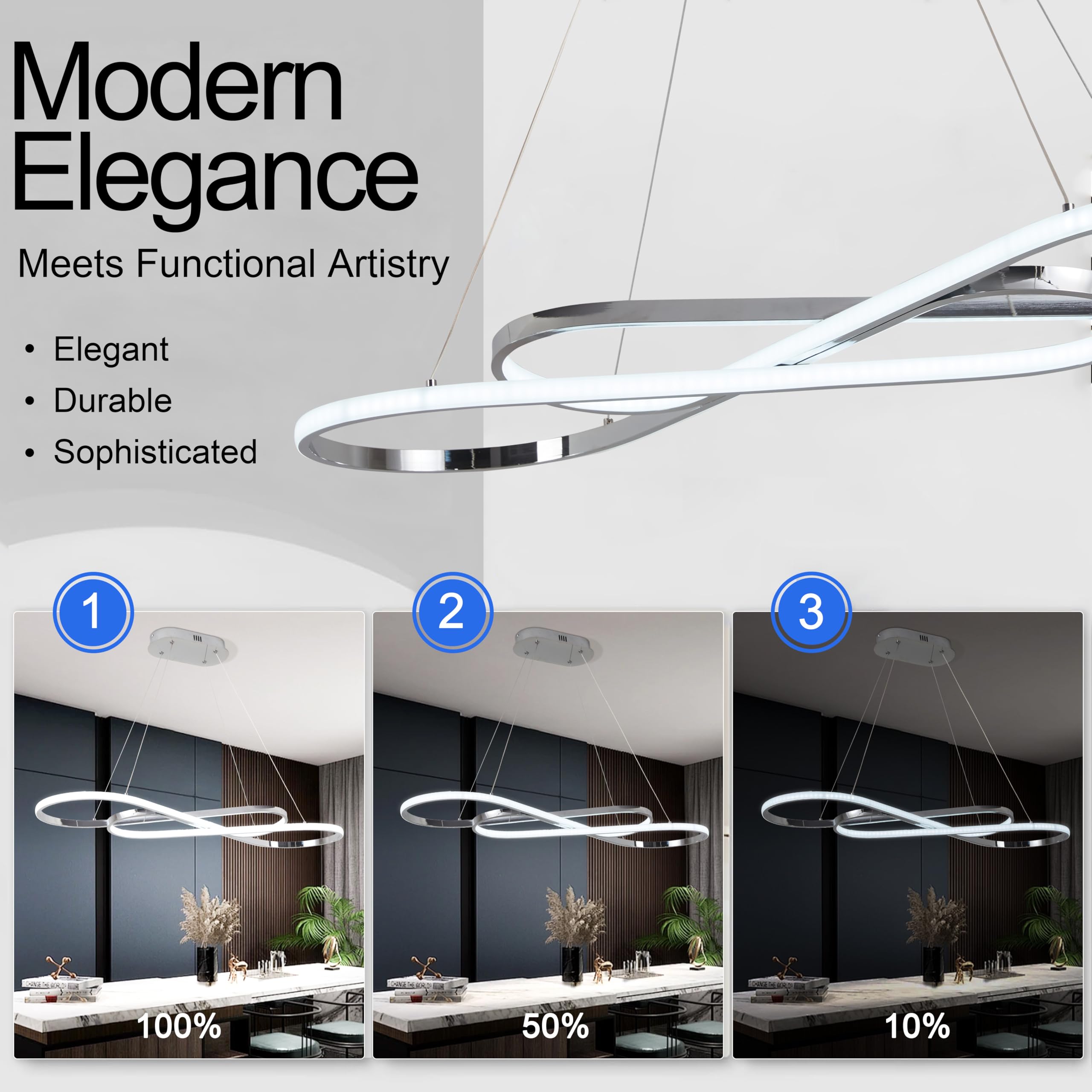 Zeistry Modern Pendant Light, Dimmable Chandelier for Dining Room, Electrochrome Aluminum Fixture, Model YH001-D8-CHel