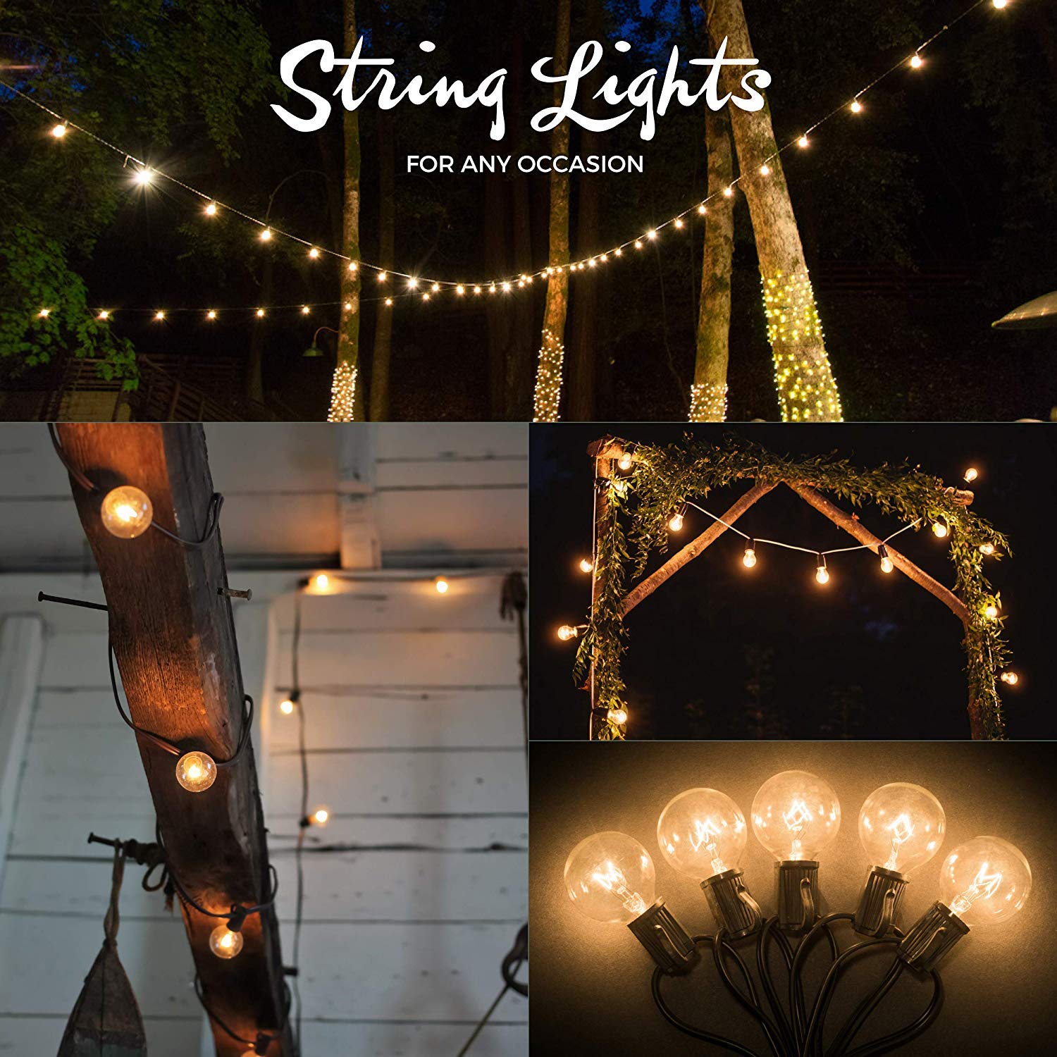 Outdoor Lighting Store 50ft Black Globe String Lights, 60 G40 Bulbs, Waterproof, Indoor-Outdoor, Model SYNCHKG101551