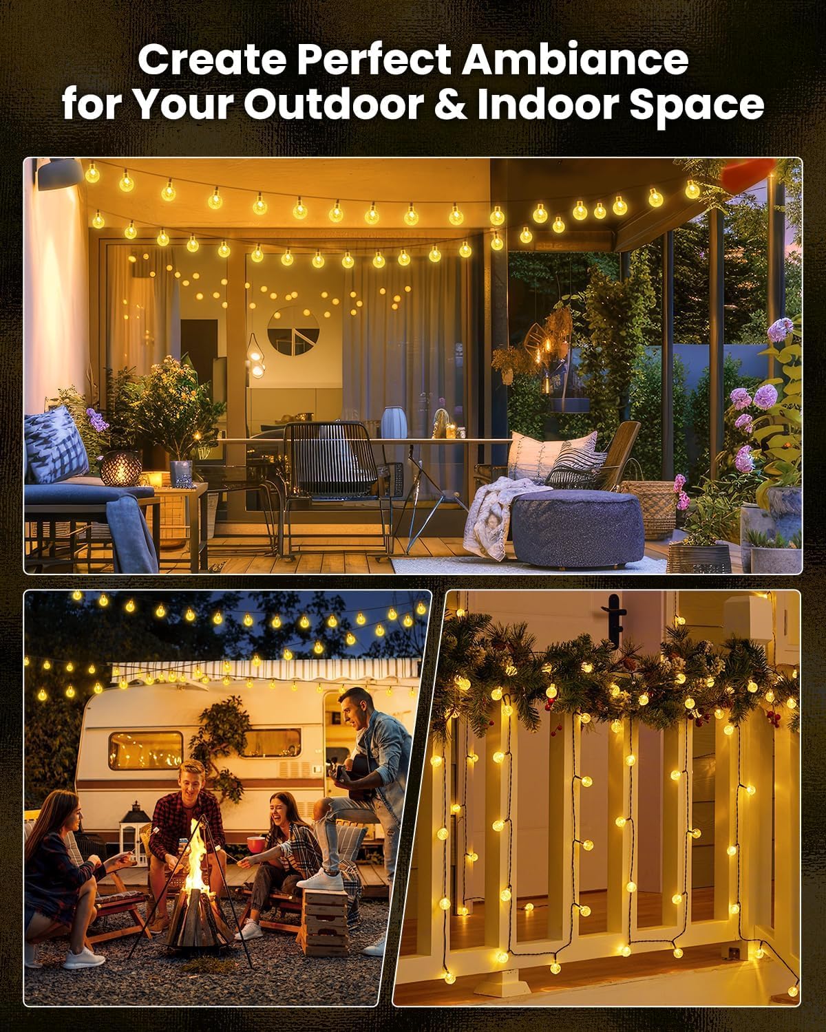Solar String Lights Outdoor Waterproof  2 Pack 60 Led 36.5 Ft Each  Solar Powered Patio Lights With 8 Lighting Modes For Garden Yard Porch Wedding Party Decor (Warm White)