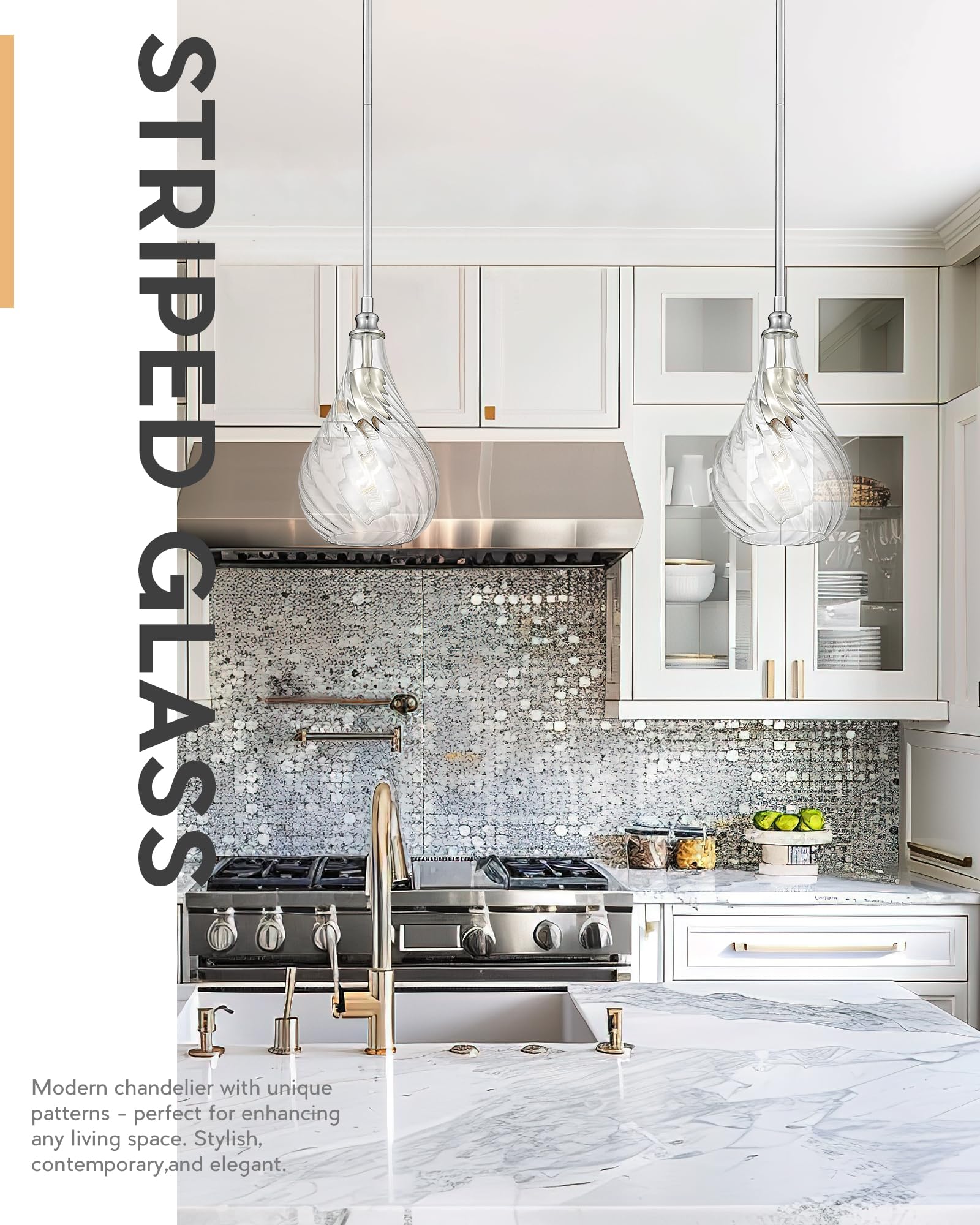 Tengxin 2 Pack Pendant Lights Kitchen Island,Brushed Nickel Finished Striped Glass Hanging Pendant Light,Farmhouse Pendant Light