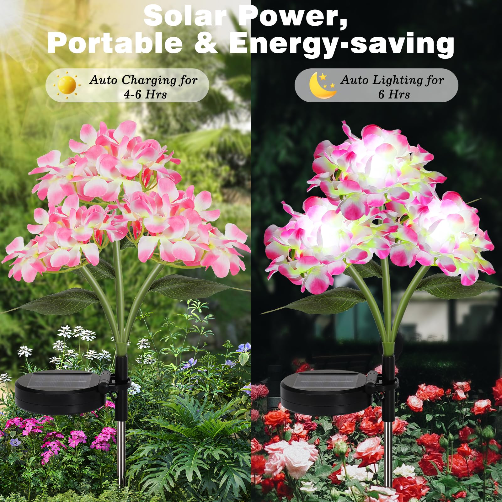Lewondr 4 Pack Solar Garden Lights, Solar Flowers Lights With 4 Blooming Hydrangea Flowers, Waterproof Solar Lights Outdoor For