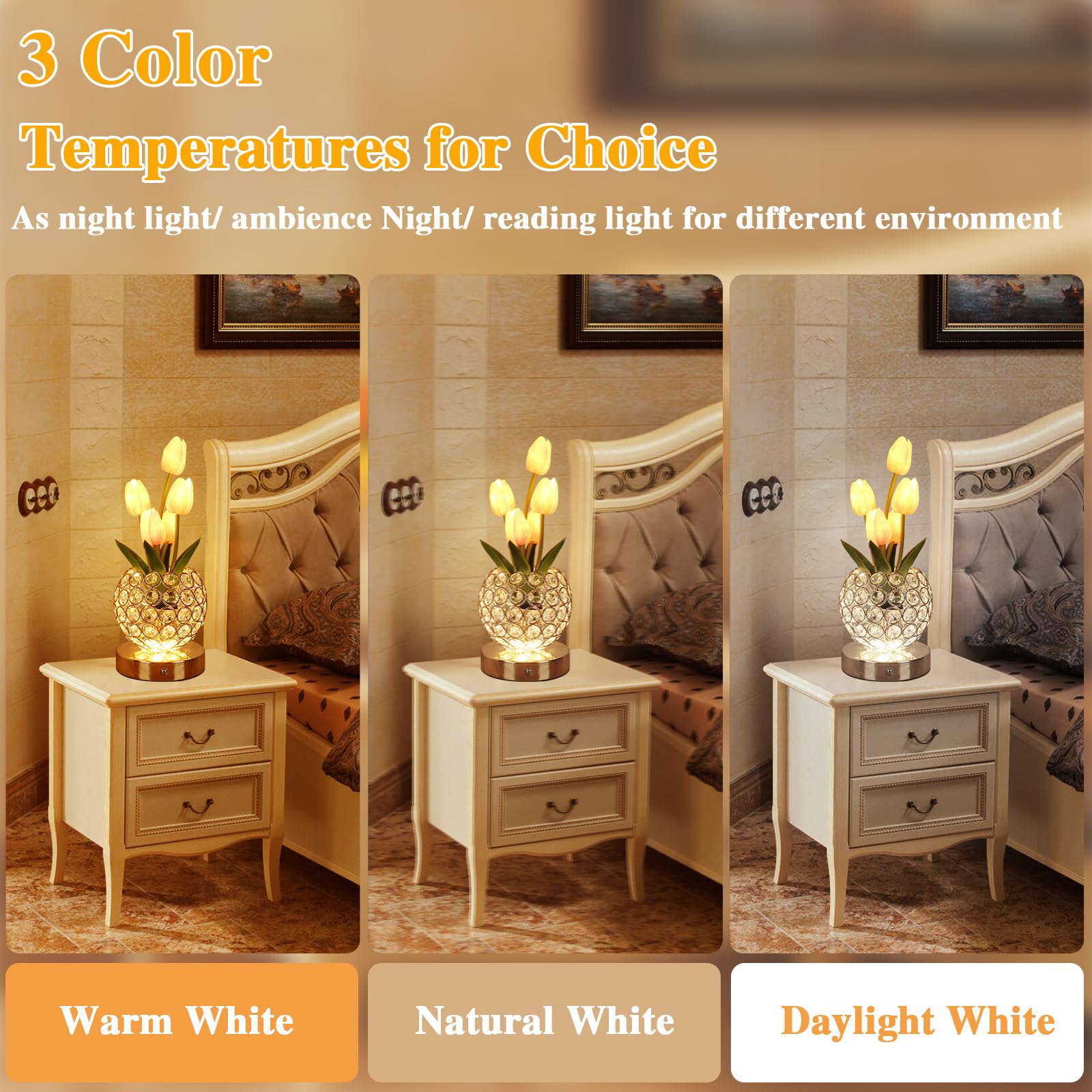 Birthday Gifts For Women/Mom Cordless Table Lamp, 3 Color Crystal Flower Bedside Lamps Infinitely Dimming With Usb Charge Small